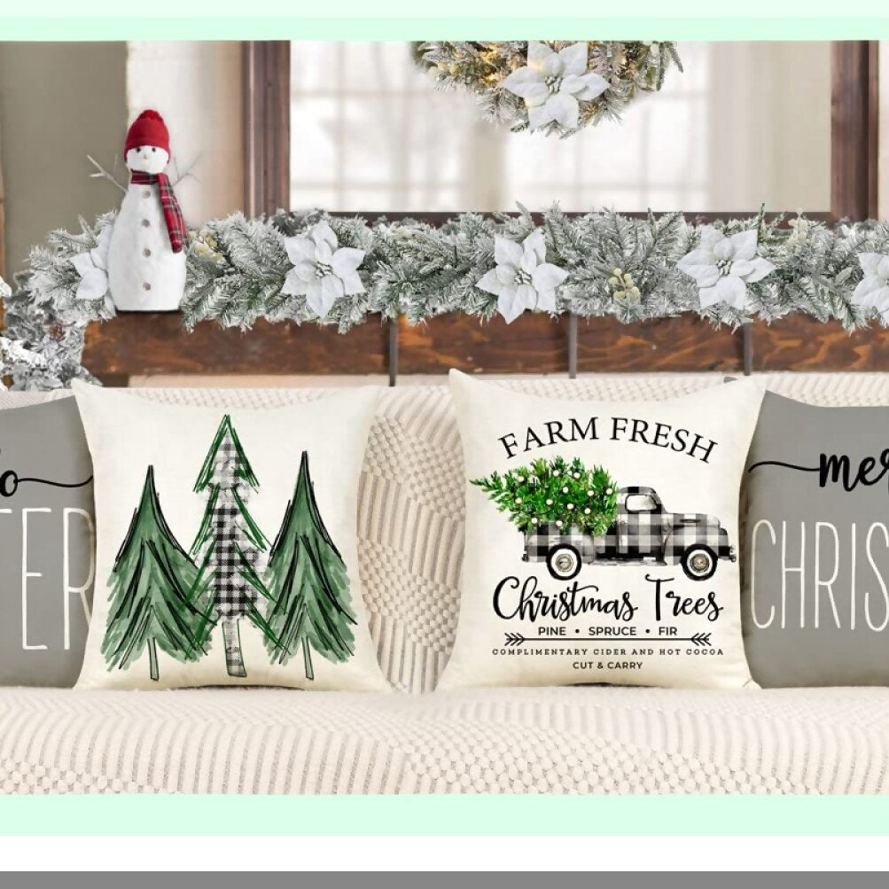 Winter Farmhouse Pillow Covers Set - Merry Tree Truck Decorations - Gray 18x18 Throw Cushion Case - Holiday Home Couch Decor - S22C19