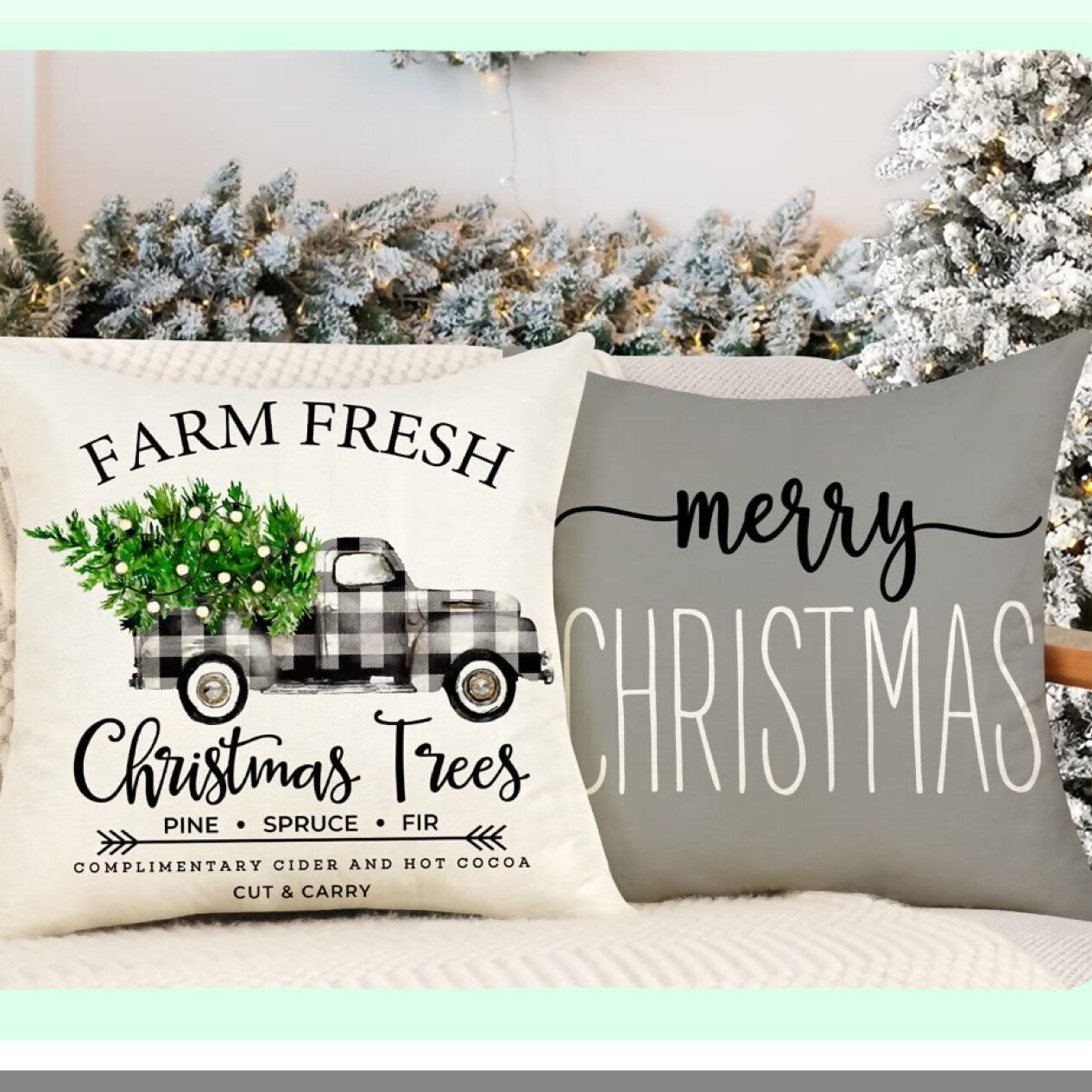 Winter Farmhouse Pillow Covers Set - Merry Tree Truck Decorations - Gray 18x18 Throw Cushion Case - Holiday Home Couch Decor - S22C19