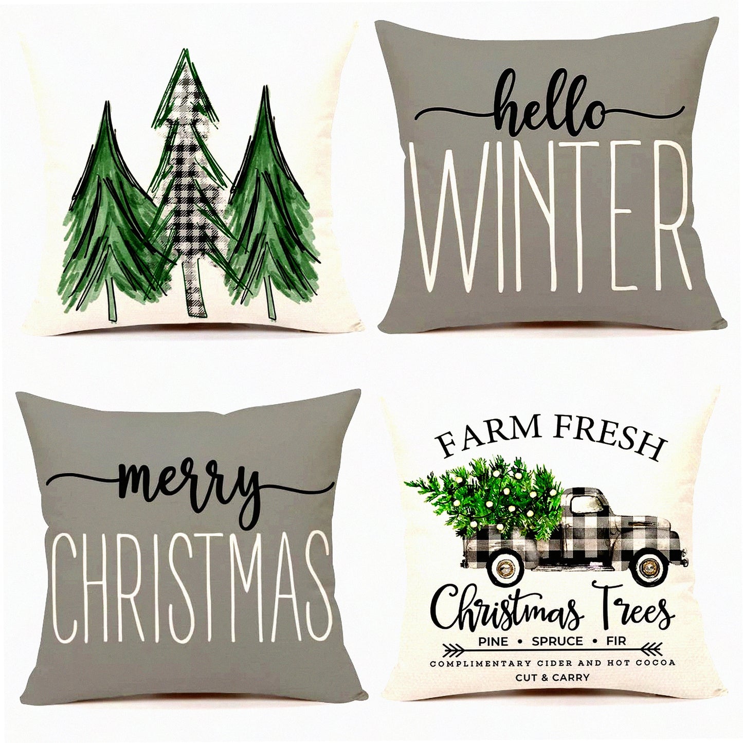 Winter Farmhouse Pillow Covers Set - Merry Tree Truck Decorations - Gray 18x18 Throw Cushion Case - Holiday Home Couch Decor - S22C19