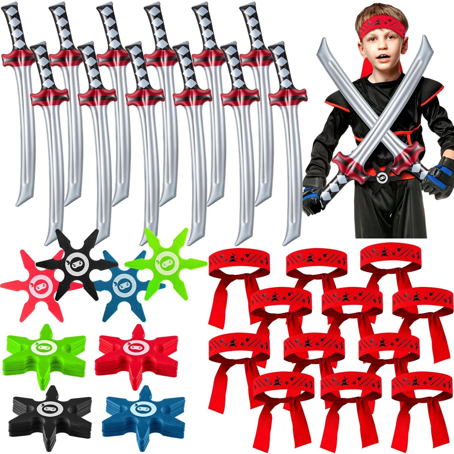 Ninja Party Pack: Inflatable Sword, Foam Star, Headbands, Throwing Stars - Karate Kid Accessories Set for Boys & Girls - 48 Pcs Kit