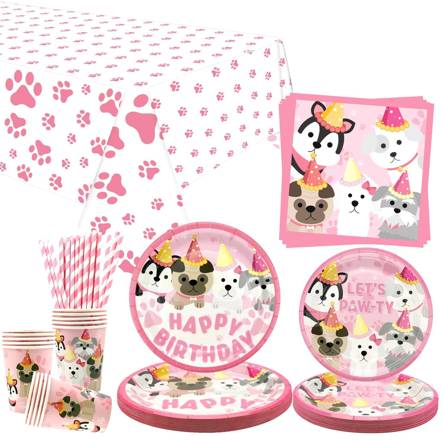 Pawfect Puppy Party Pack - Pink Paw Birthday Tableware Set for 20 Guests - Includes Plates, Napkins, Cups, Straws, and Tablecloth - Dog Party Decorations