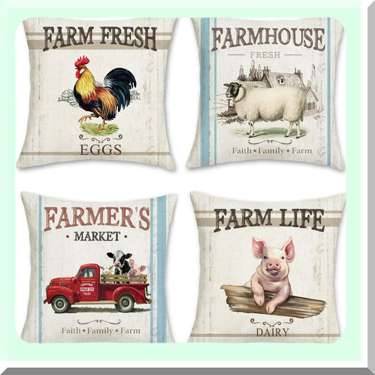 Rustic Barnyard Animal Pillow Covers - Set of 4 Farmhouse Throw Pillows 18x18 Inch Rooster Pig Sheep Retro Truck Decor for Couch Sofa