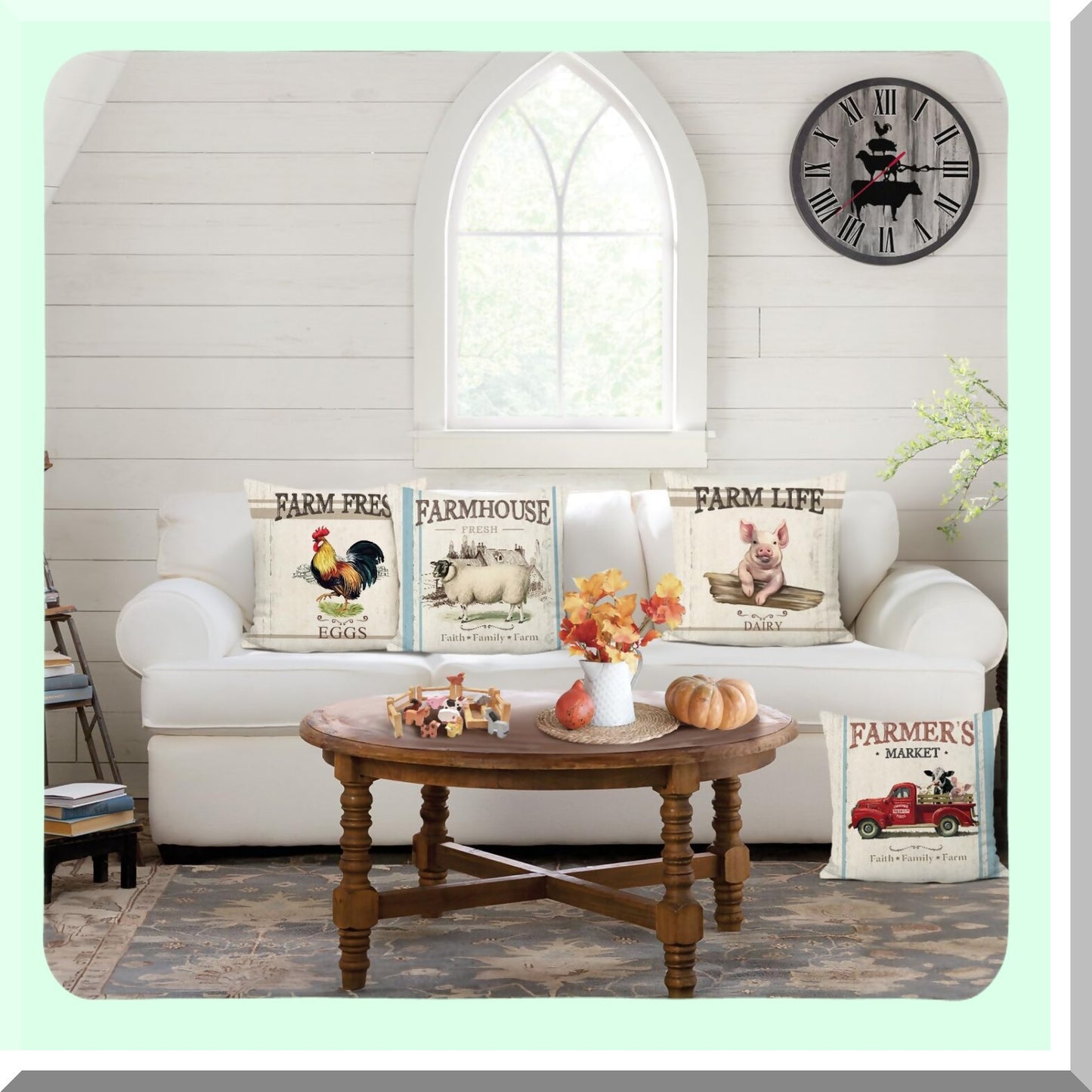 Rustic Barnyard Animal Pillow Covers - Set of 4 Farmhouse Throw Pillows 18x18 Inch Rooster Pig Sheep Retro Truck Decor for Couch Sofa