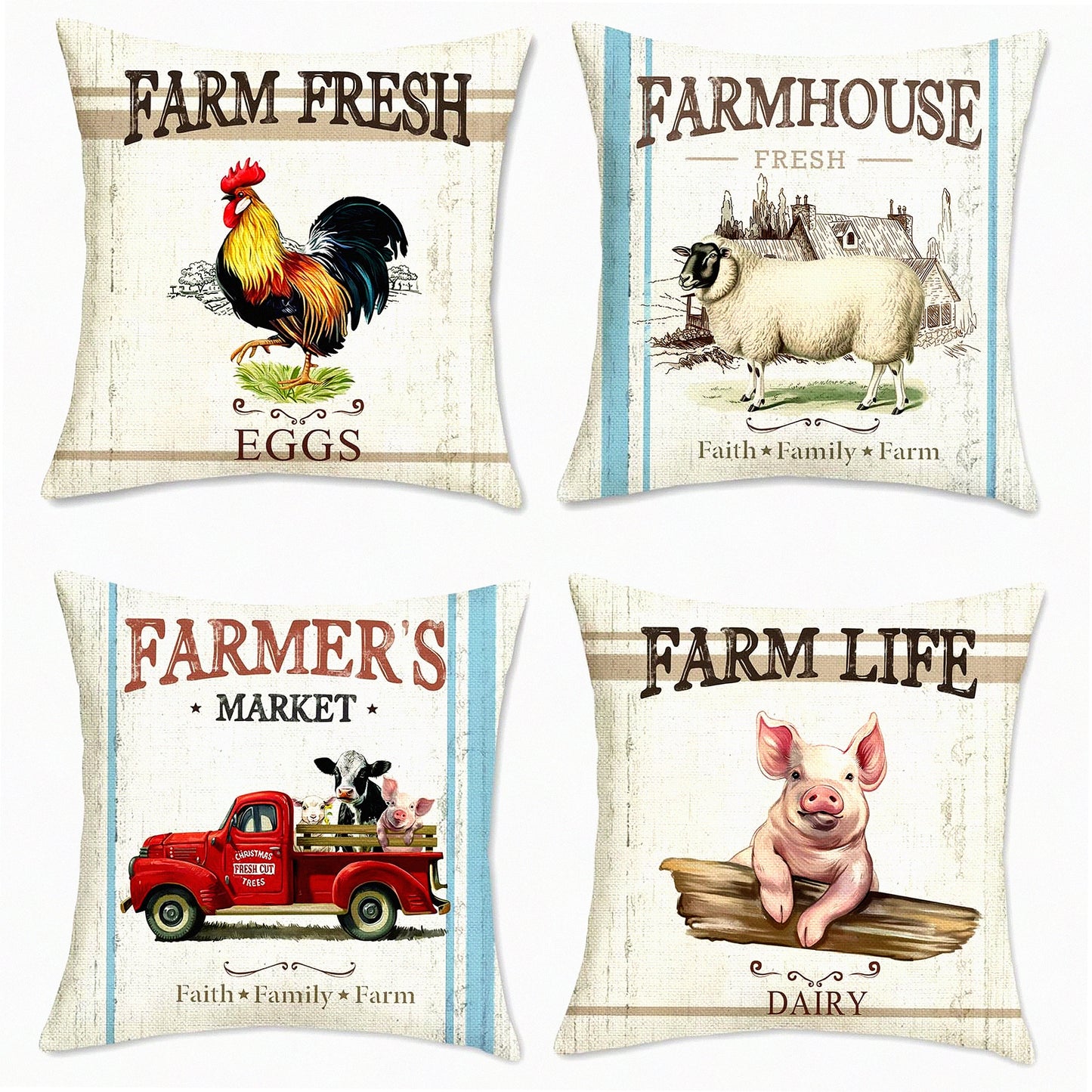 Rustic Barnyard Animal Pillow Covers - Set of 4 Farmhouse Throw Pillows 18x18 Inch Rooster Pig Sheep Retro Truck Decor for Couch Sofa