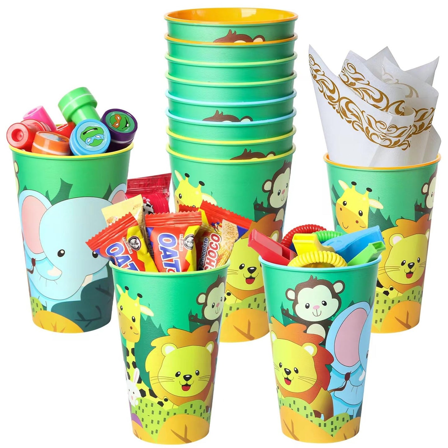 Wild Adventure Party Cups - Set of 12, 16oz Reusable Plastic Tumblers in 4 Vibrant Colors, Jungle Safari Themed Giraffe, Elephant, Monkey Design for Birthday Decor