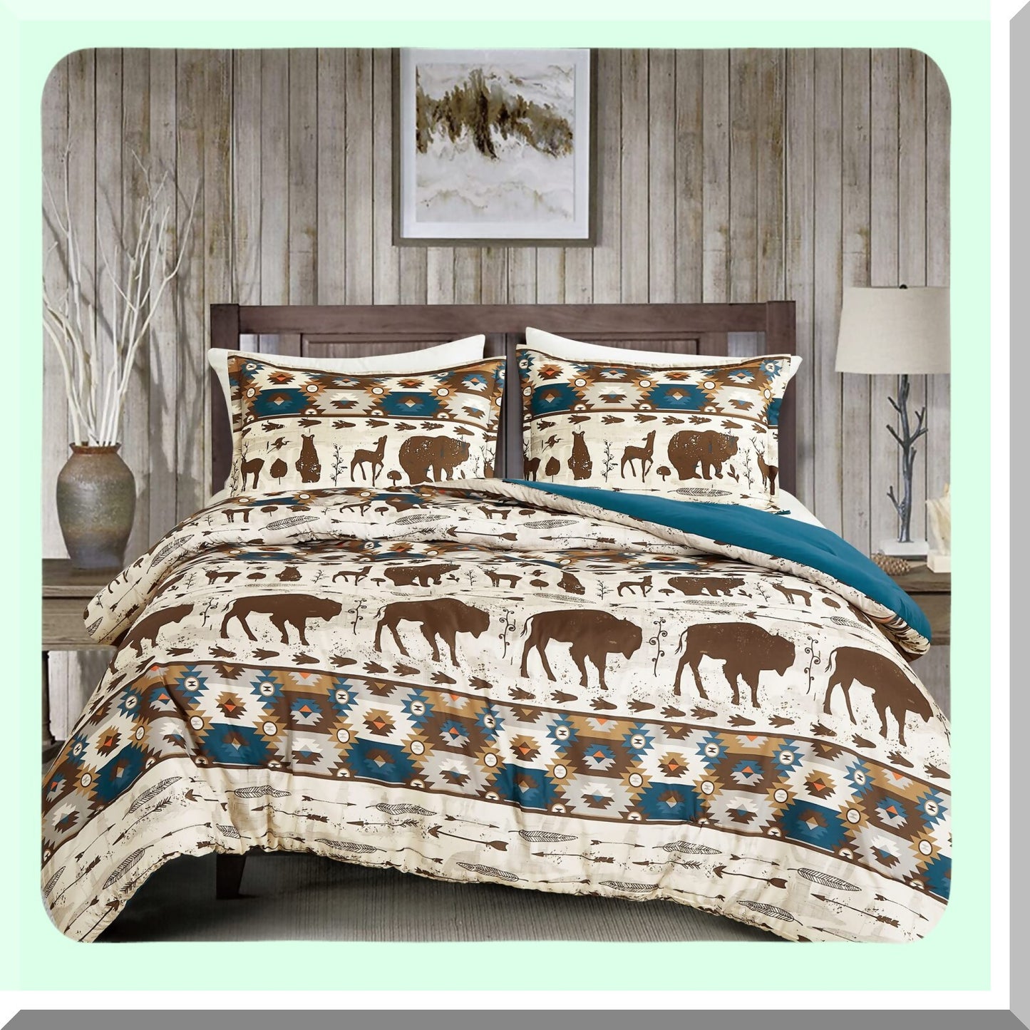 Southwest Wilderness Comforter Set - Queen Size Rustic Cabin Lodge Bedding with Moose and Bear Print in Brown, Cream, and Teal Colors, Includes Pillow Shams