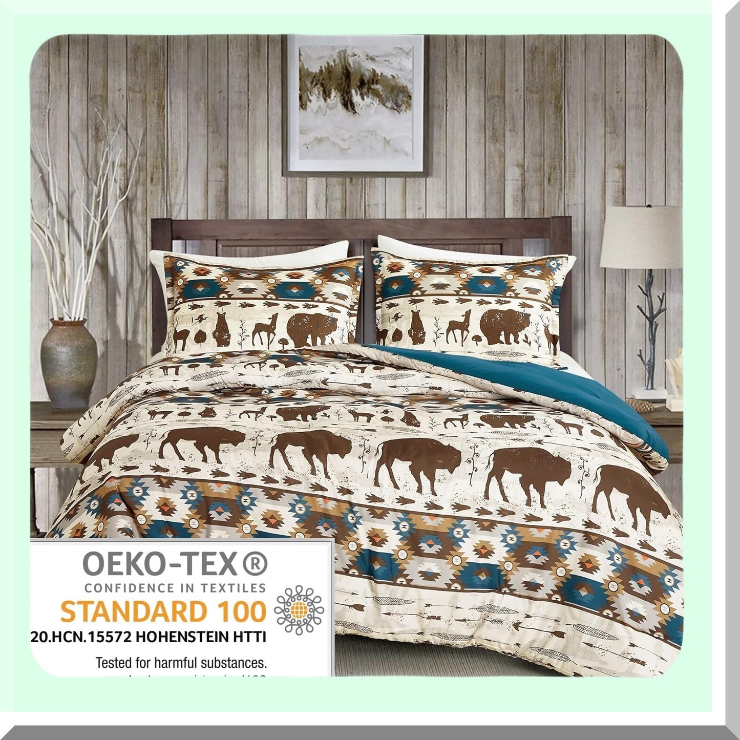 Southwest Wilderness Comforter Set - Queen Size Rustic Cabin Lodge Bedding with Moose and Bear Print in Brown, Cream, and Teal Colors, Includes Pillow Shams