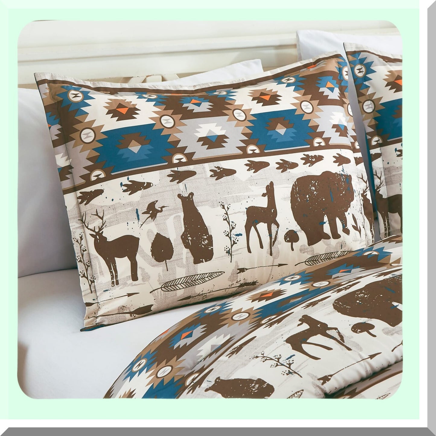 Southwest Wilderness Comforter Set - Queen Size Rustic Cabin Lodge Bedding with Moose and Bear Print in Brown, Cream, and Teal Colors, Includes Pillow Shams