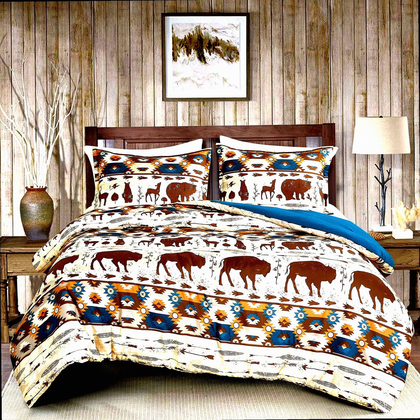 Southwest Wilderness Comforter Set - Queen Size Rustic Cabin Lodge Bedding with Moose and Bear Print in Brown, Cream, and Teal Colors, Includes Pillow Shams
