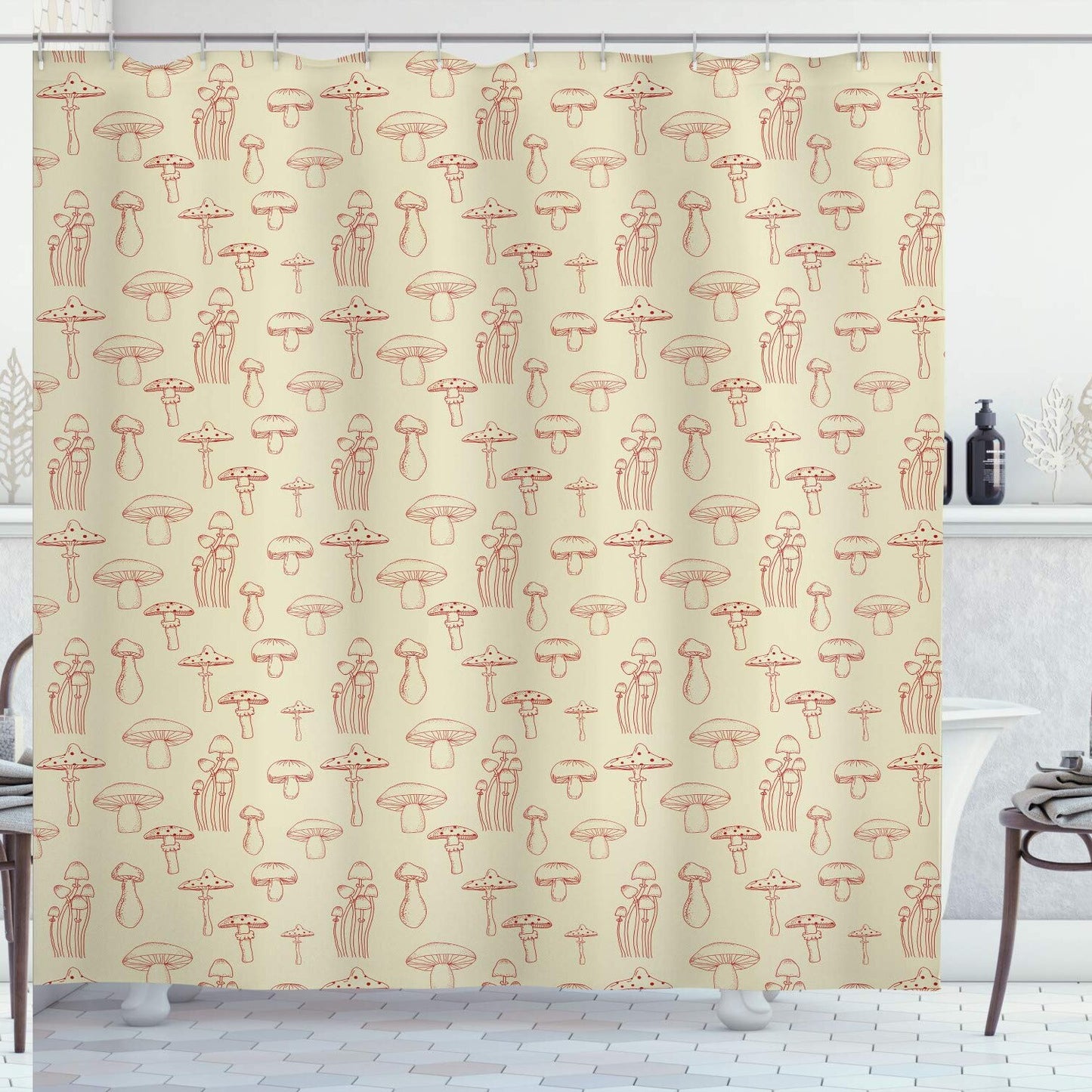 Mushroom Shower Curtain Doodle Style Monochrome 70"