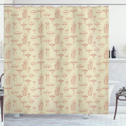 Mushroom Shower Curtain Doodle Style Monochrome 70"