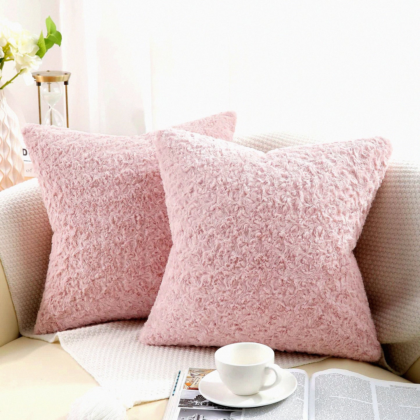Rose Bliss 3D Pink Pillow Covers - Set of 2 | 18x18 Inch Fluffy Decorative Cushion Cases for Couch, Bed, Sofa | Rose Pattern Design