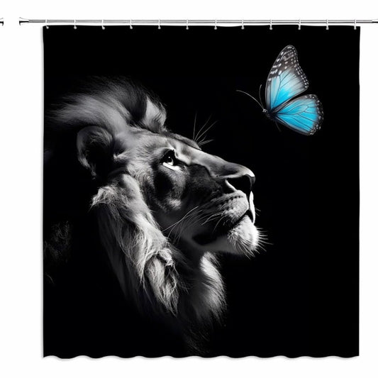 Black White Wild Animal Blue Butterfly Fabric Shower Curtain