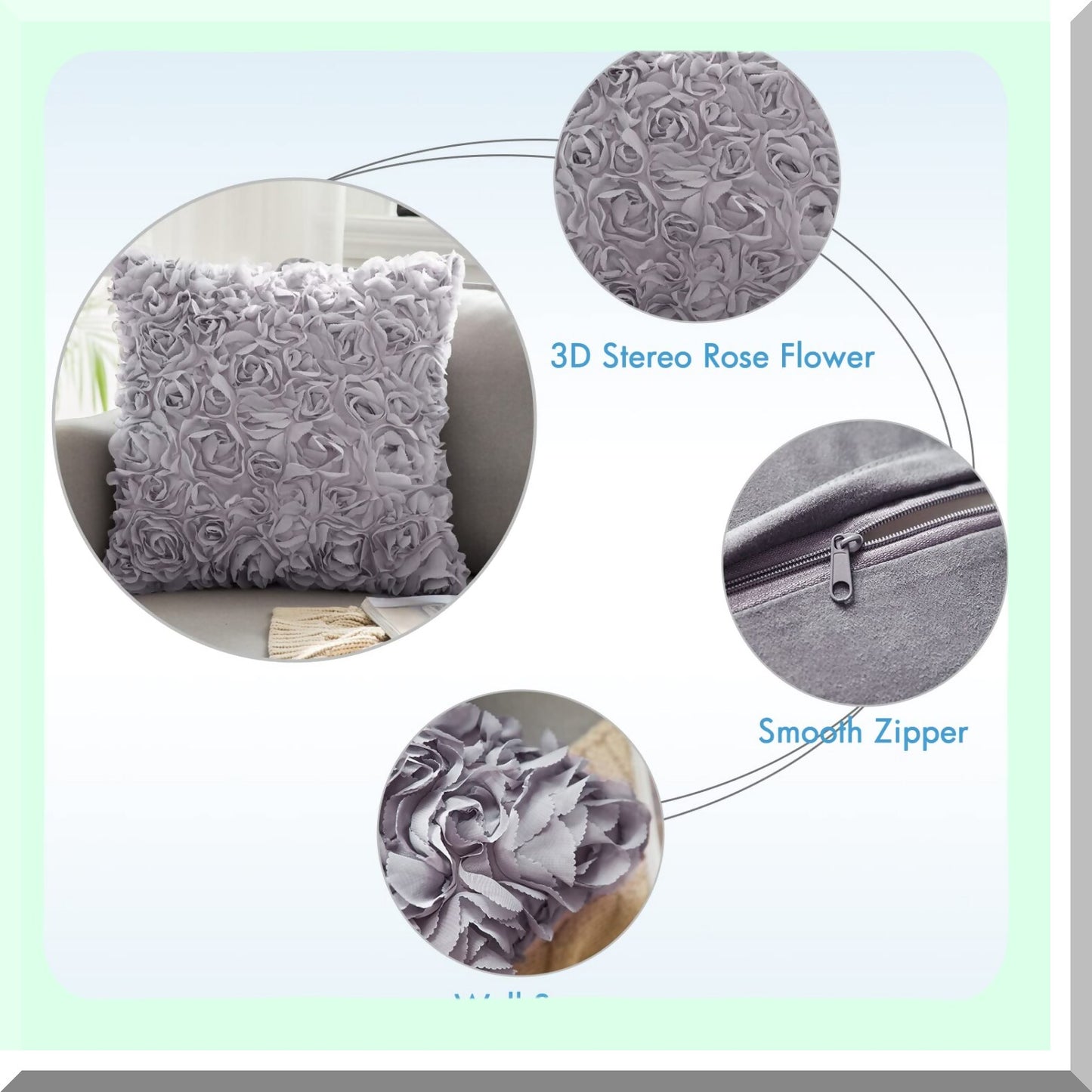 Romantic 3D Chiffon Rose Flower Pillowcase Set - Grey Square Pillow Cover for Sofa, Bedroom, Car - Valentines Day Decor - Pack of 2, 12x12 Inch