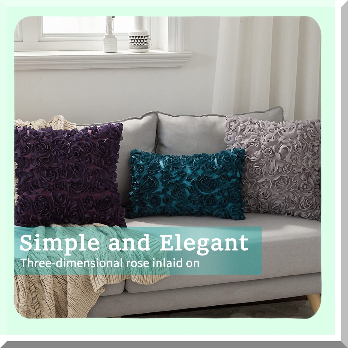 Romantic 3D Chiffon Rose Flower Pillowcase Set - Grey Square Pillow Cover for Sofa, Bedroom, Car - Valentines Day Decor - Pack of 2, 12x12 Inch