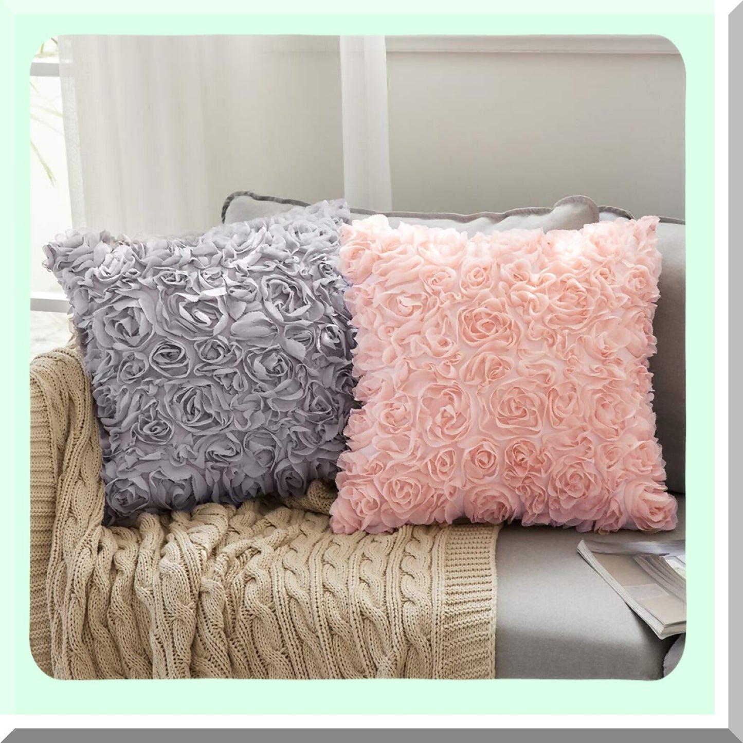 Romantic 3D Chiffon Rose Flower Pillowcase Set - Grey Square Pillow Cover for Sofa, Bedroom, Car - Valentines Day Decor - Pack of 2, 12x12 Inch