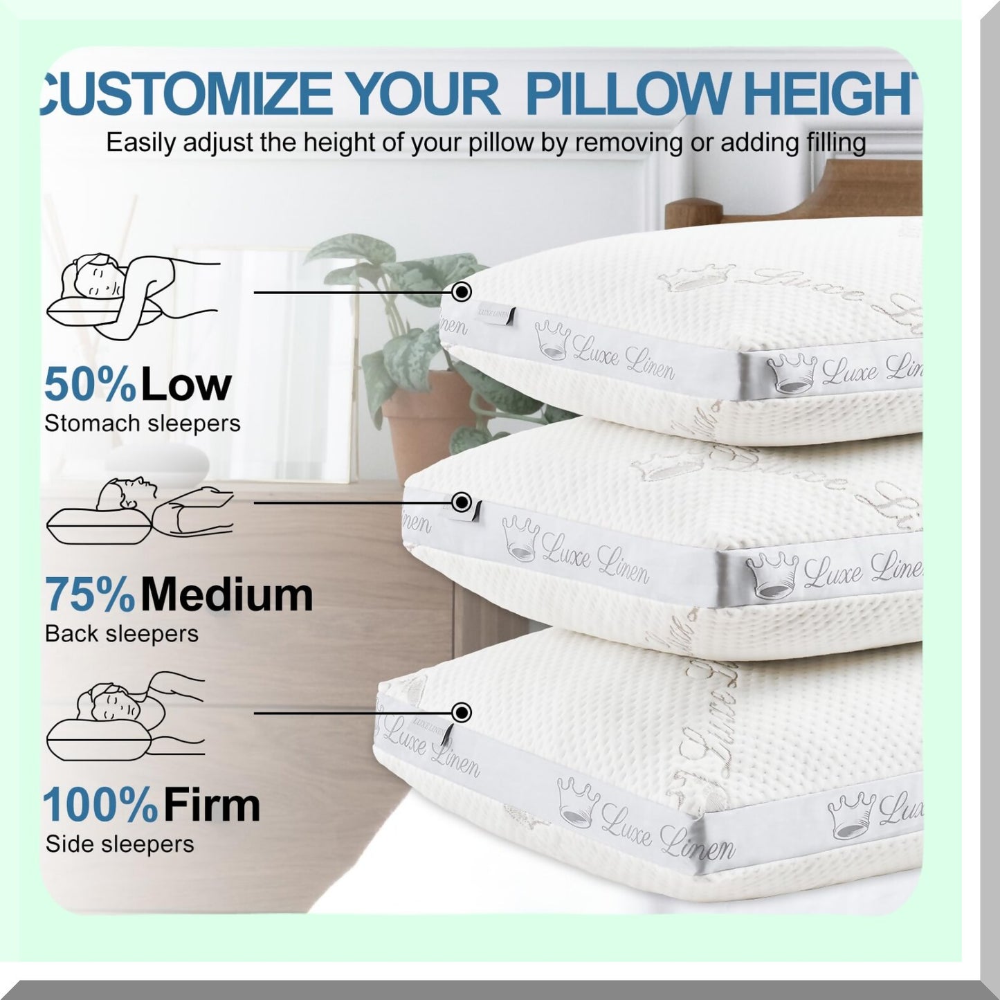 AdjustaFoam Sleep Pillows - Set of 2 | Shredded Memory Foam | Adjustable Bed Pillow for Side, Back, Stomach Sleepers | 18"x26" Cotton Bed Pillows