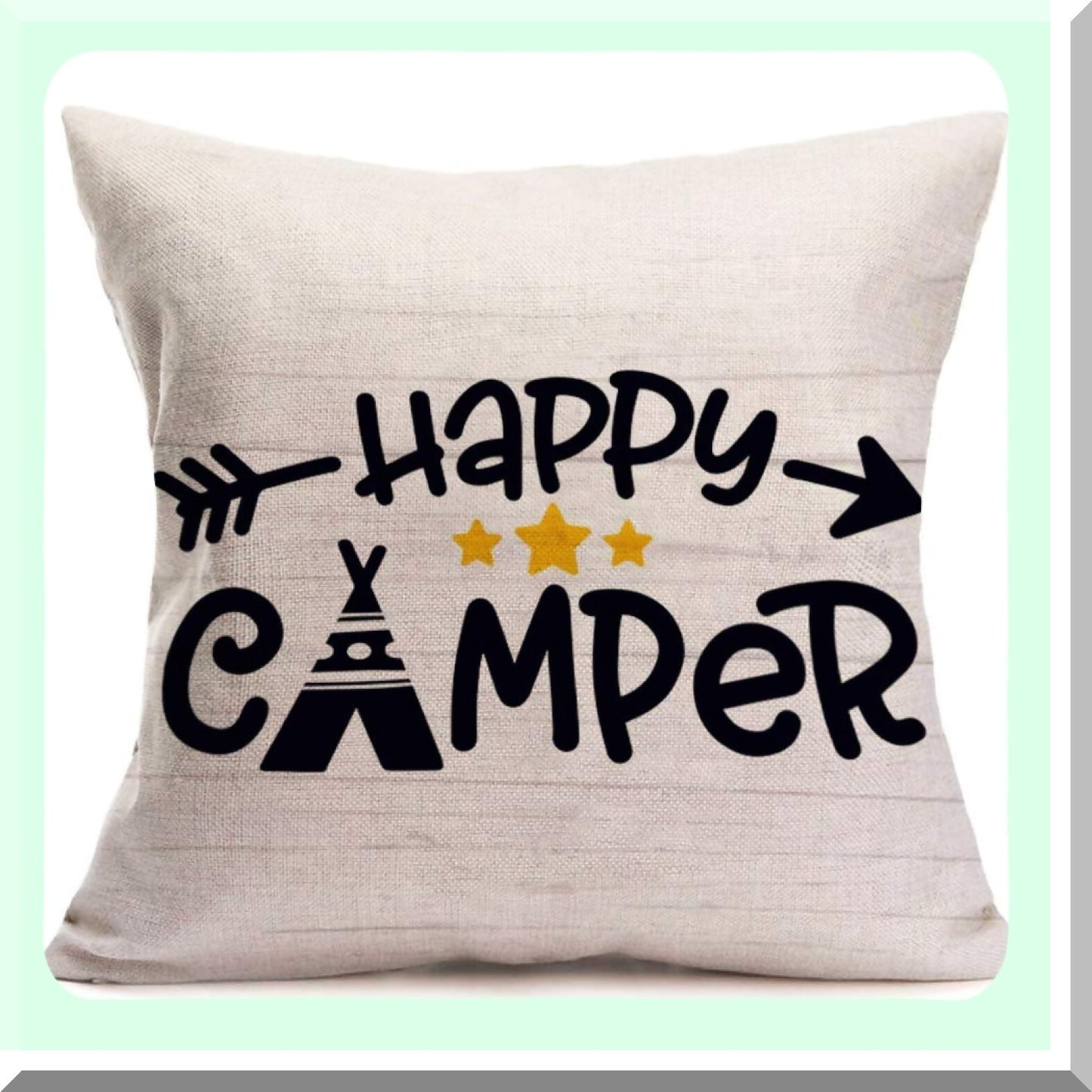 Happy Camper Lettering Cotton Linen Pillowcase - Decorative Cushion Cover for Home Sofa Couch - Square Throw Pillow Cover 18" x 18" - Happy Camper-1 Collection