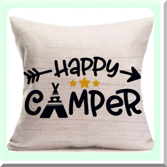 Happy Camper Lettering Cotton Linen Pillowcase - Decorative Cushion Cover for Home Sofa Couch - Square Throw Pillow Cover 18" x 18" - Happy Camper-1 Collection