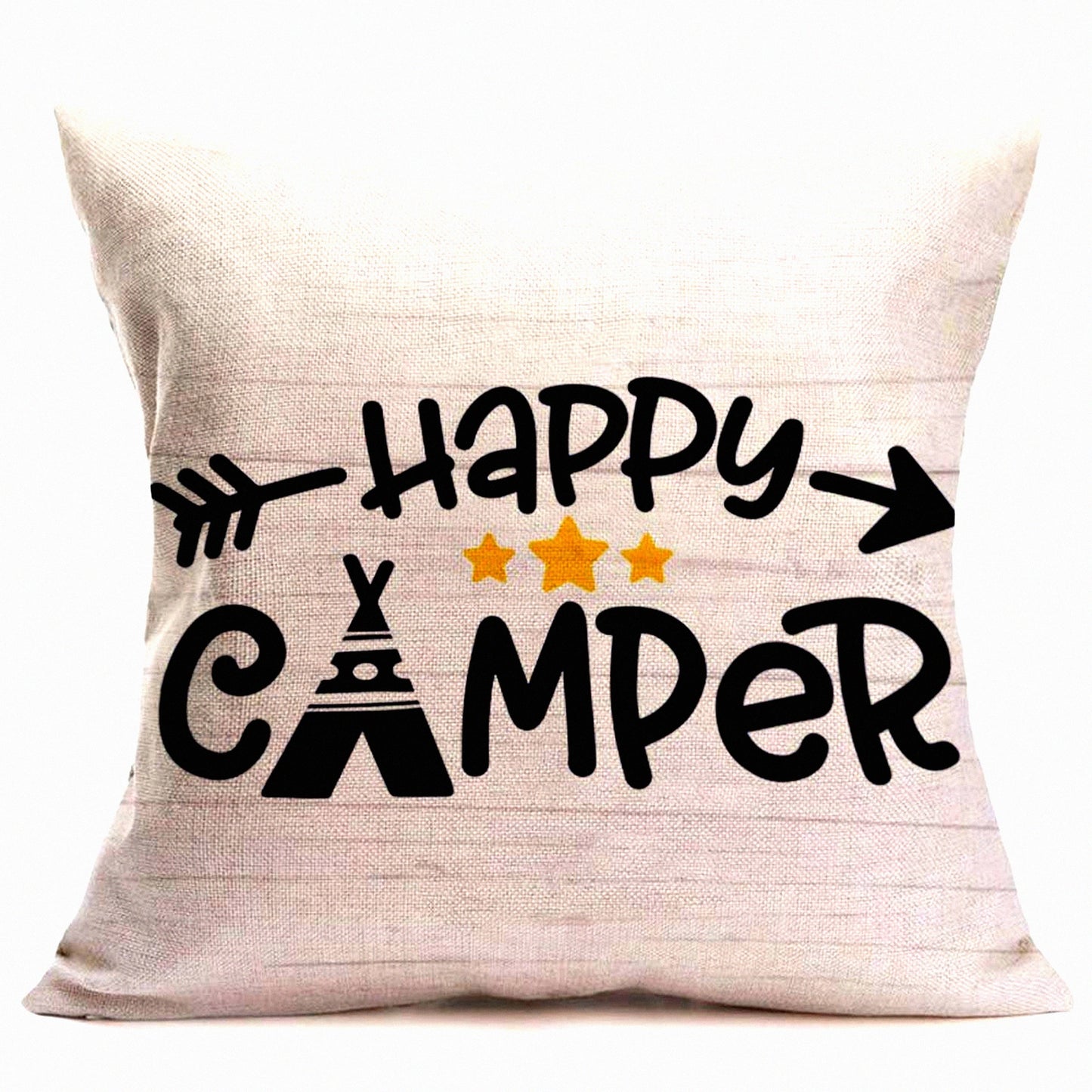 Happy Camper Lettering Cotton Linen Pillowcase - Decorative Cushion Cover for Home Sofa Couch - Square Throw Pillow Cover 18" x 18" - Happy Camper-1 Collection