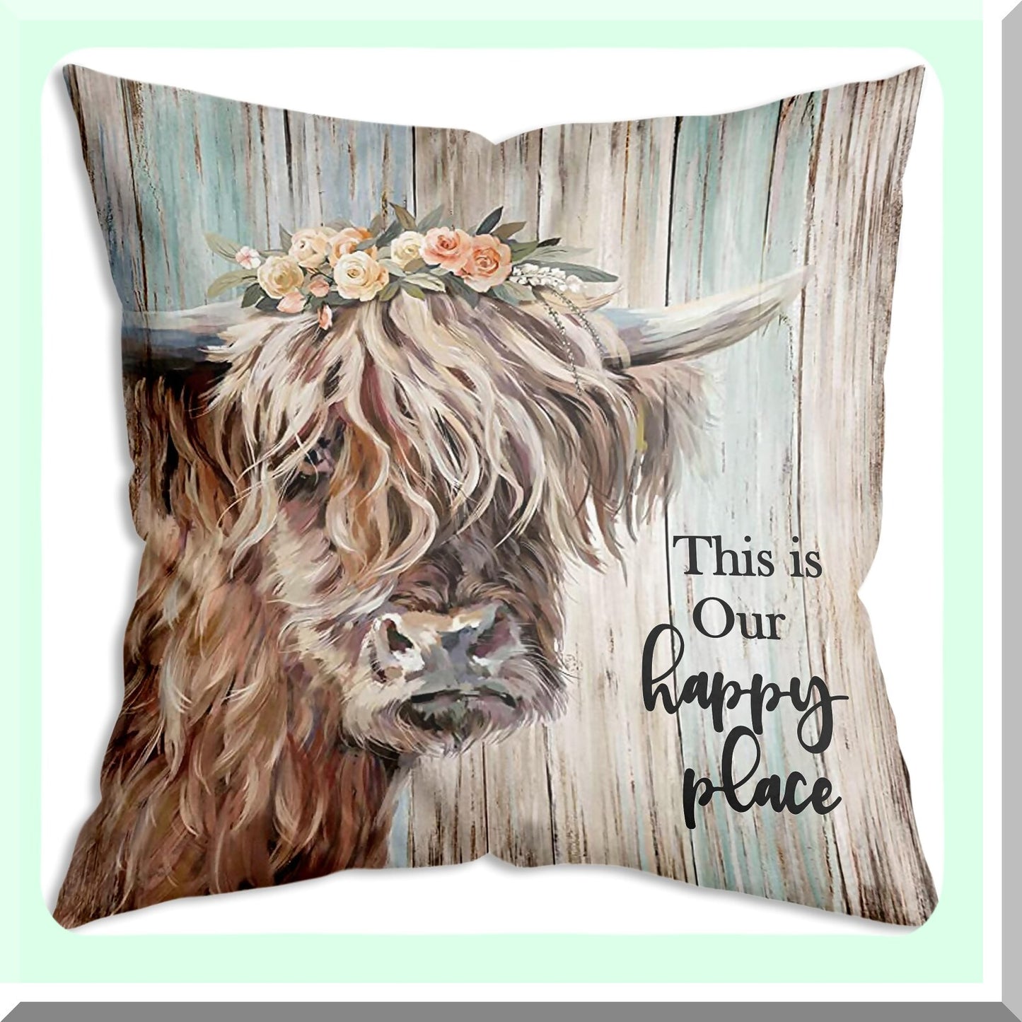Happy Highland Farmhouse Pillow Cover - Vintage Country Art Decor for Home Gifts - 18x18 Inch