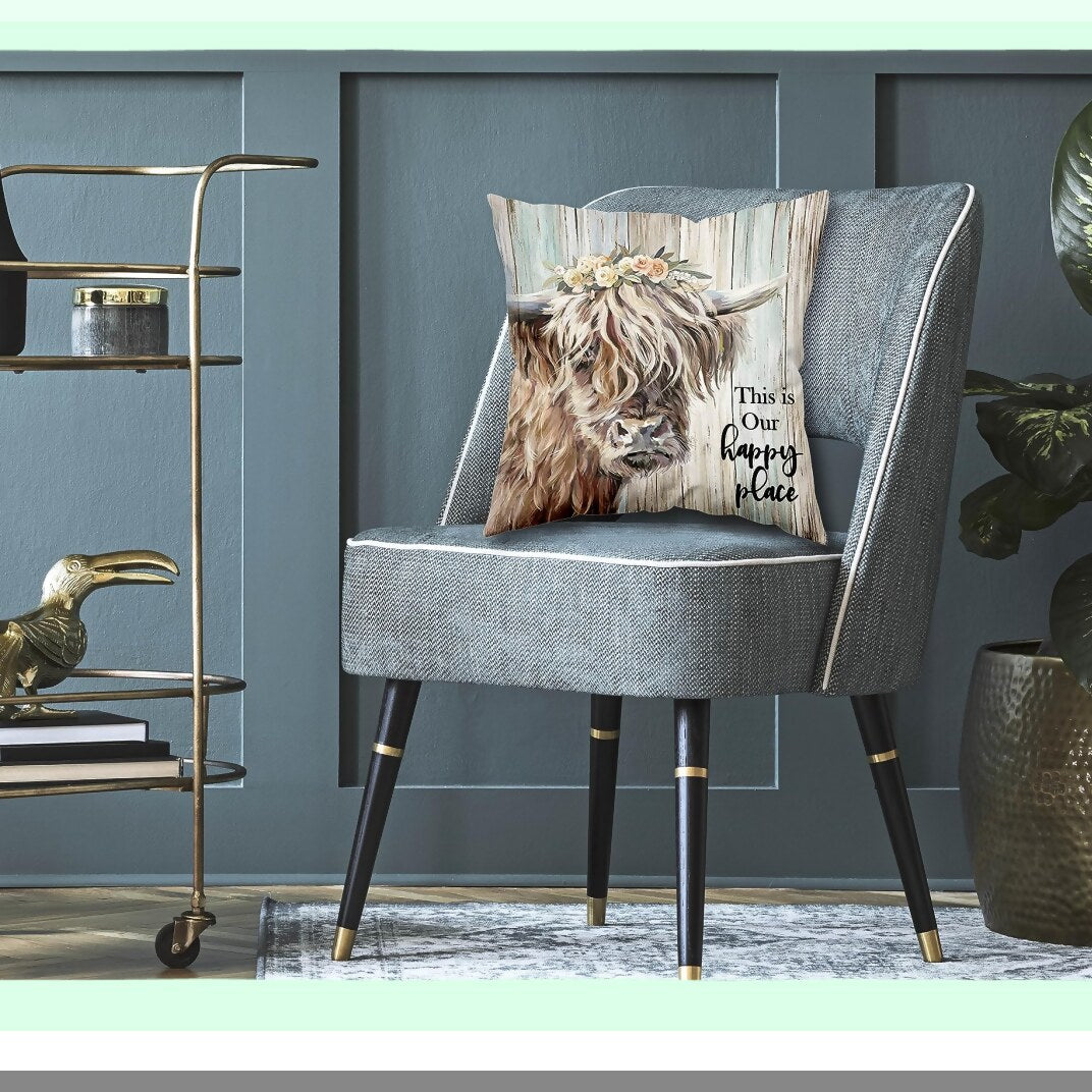 Happy Highland Farmhouse Pillow Cover - Vintage Country Art Decor for Home Gifts - 18x18 Inch