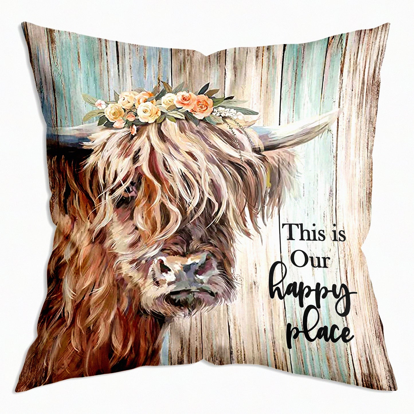 Happy Highland Farmhouse Pillow Cover - Vintage Country Art Decor for Home Gifts - 18x18 Inch