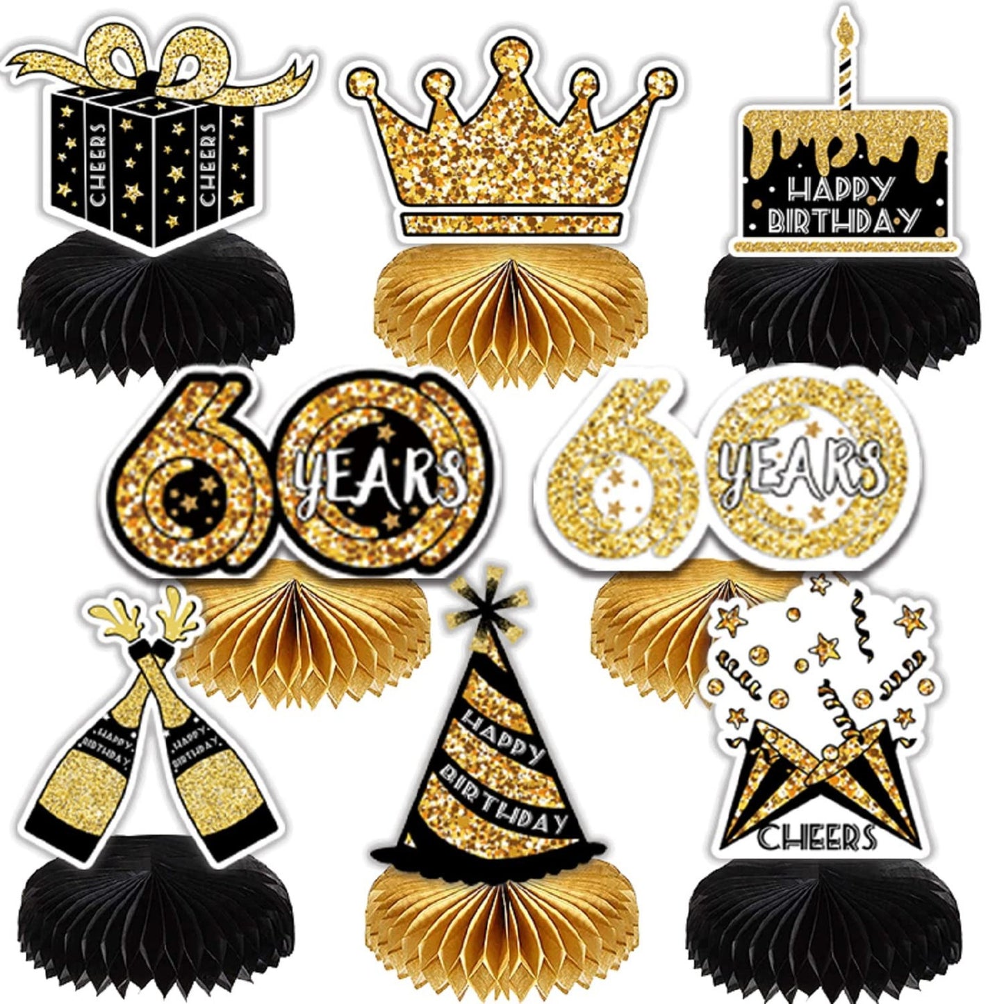 Party Perfect 60th Birthday Bundle - Includes 8 Table Centerpieces, Honeycomb Decorations, Photo Booth Props, Ideal for Men and Women Celebrations!