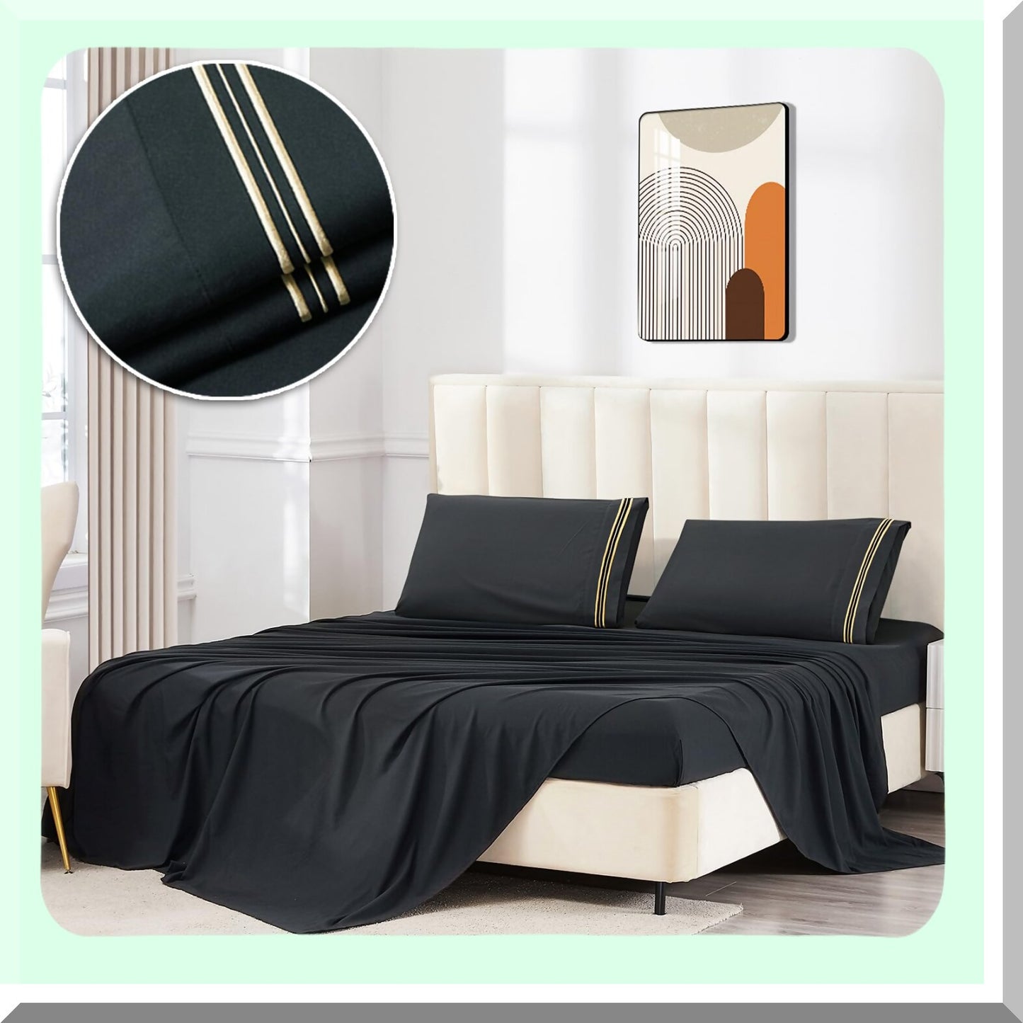 LuxuryCool Microfiber Bed Sheet Set - Extra Soft Deep Pockets, Hotel Quality, Breathable & Wrinkle Free - 4 Piece Set in Black & Gold