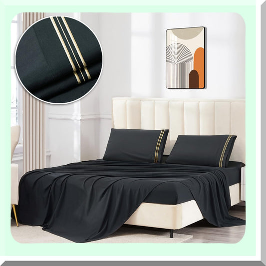 LuxuryCool Microfiber Bed Sheet Set - Extra Soft Deep Pockets, Hotel Quality, Breathable & Wrinkle Free - 4 Piece Set in Black & Gold