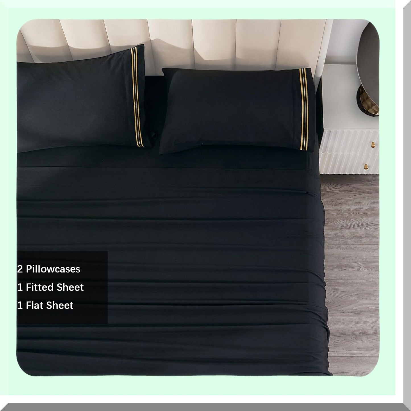 LuxuryCool Microfiber Bed Sheet Set - Extra Soft Deep Pockets, Hotel Quality, Breathable & Wrinkle Free - 4 Piece Set in Black & Gold