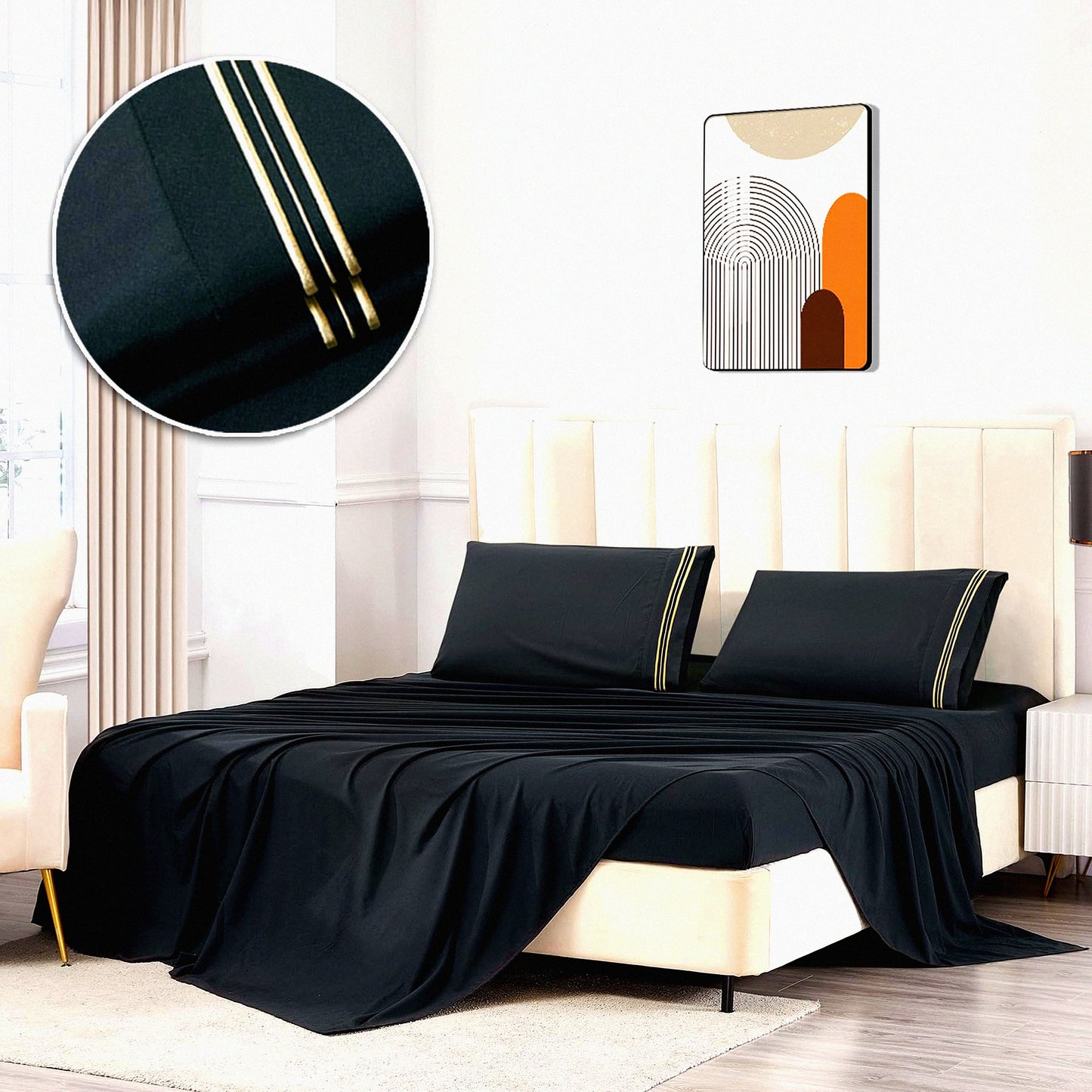 LuxuryCool Microfiber Bed Sheet Set - Extra Soft Deep Pockets, Hotel Quality, Breathable & Wrinkle Free - 4 Piece Set in Black & Gold