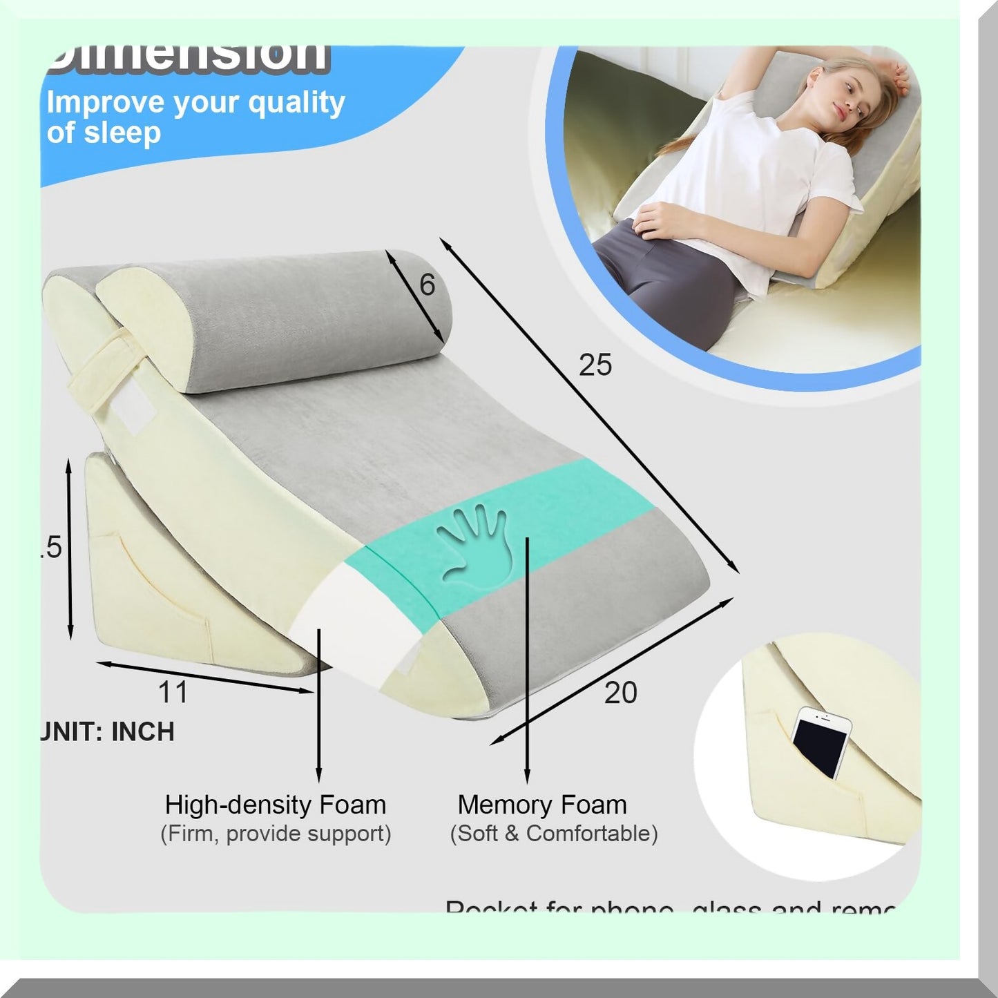 AdjustaFoam OrthoWedge Pillow Set - Memory Foam Support for Post-Surgery Pain Relief, Heartburn, Acid Reflux, Reading, Sleeping - Light Gray, 3 PCS