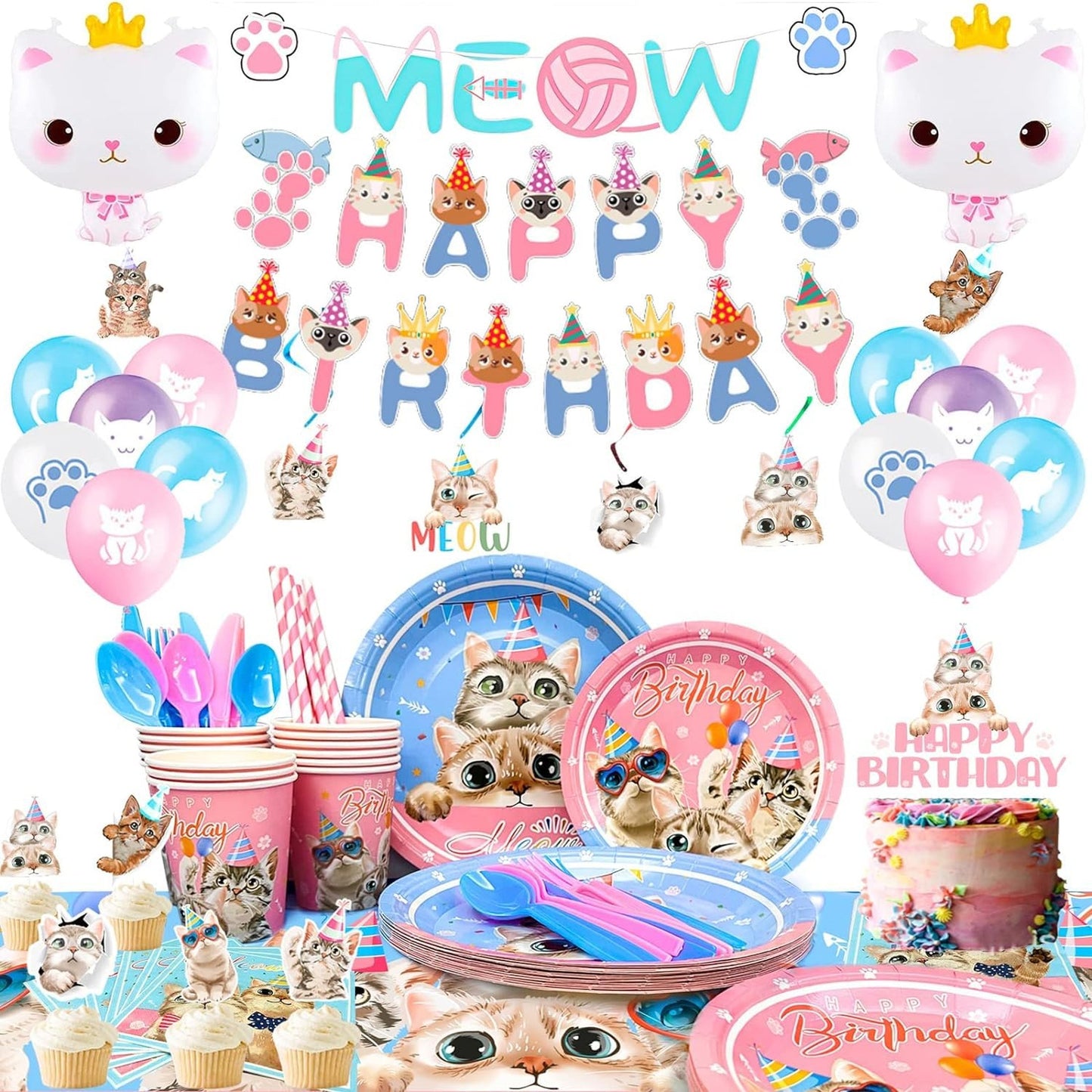 Cat Party Pack - 178 Piece Cat Birthday Decorations Set with Balloons, Banner, Plates, Cups, Napkins, Tablecloth, and More! Perfect for a Cat Themed Birthday Celebration.