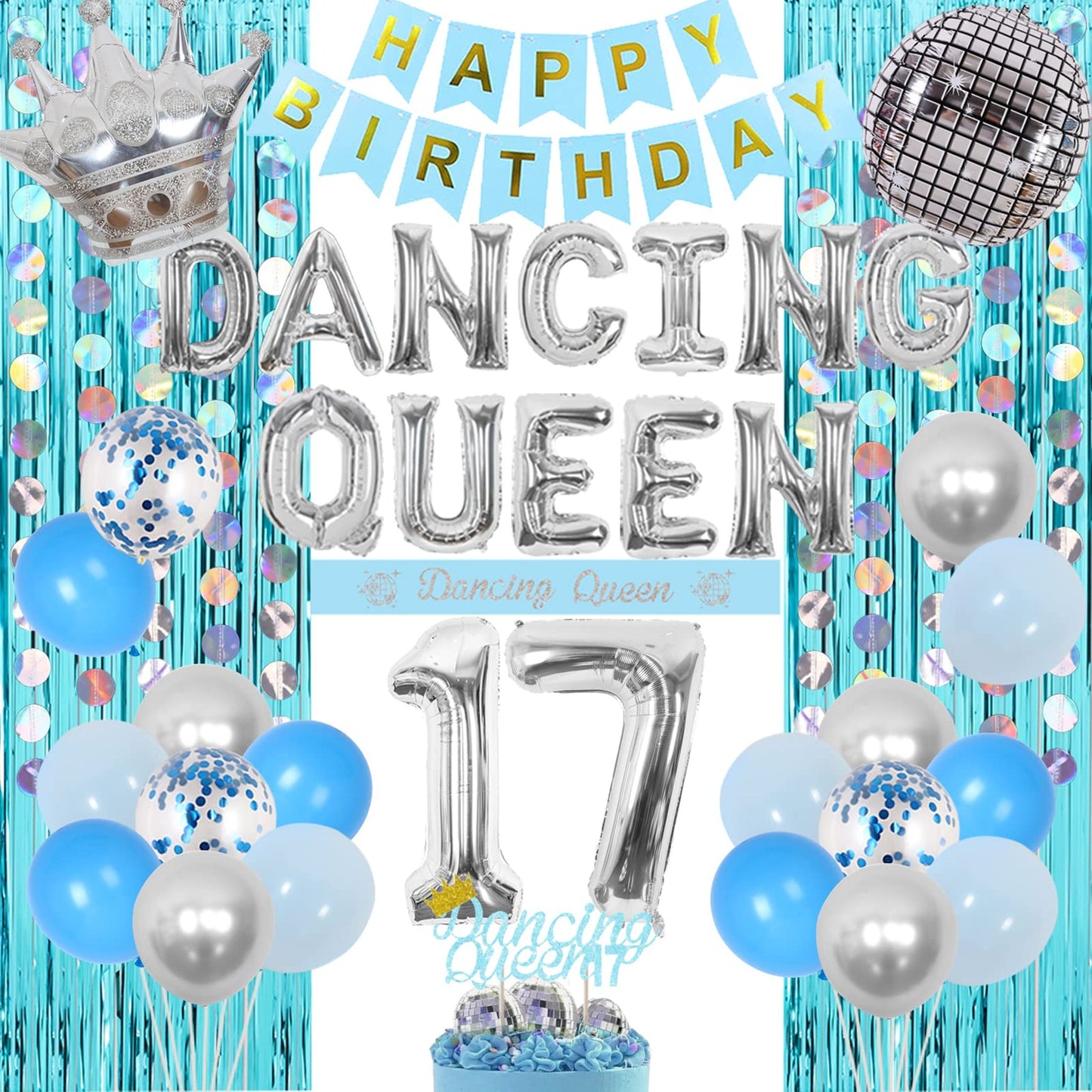 Queen's 17th Birthday Party Pack - Blue Disco Decor Set with Banner, Cake Toppers, Sash, Crown, Balloon, Fringe Curtains - 30 Pieces