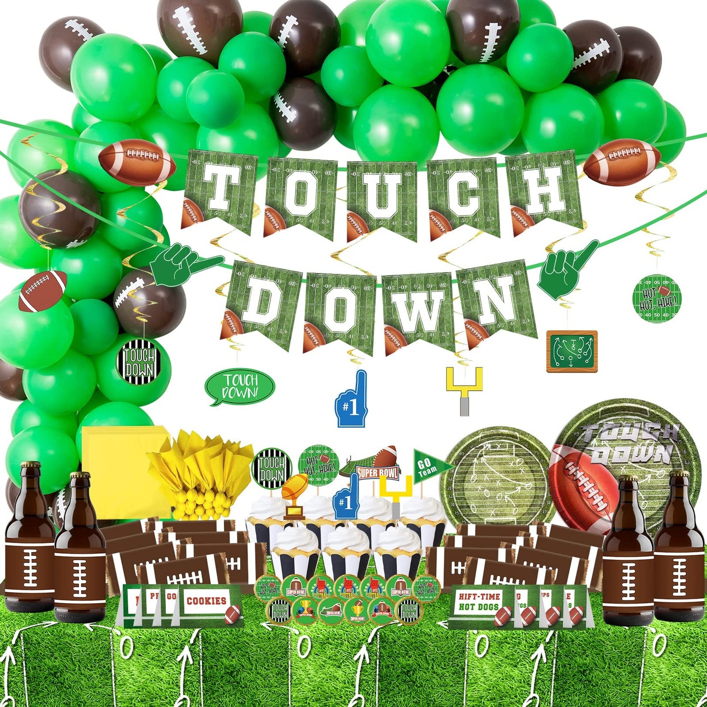 GameDay Football Bash Kit - 178 Piece Set with Balloons, Plates, Cake Toppers, Napkins, Bottle Labels, Stickers, Signs, Swirl Decorations, Banners, and Tablecloth for Football Birthday Party Decor