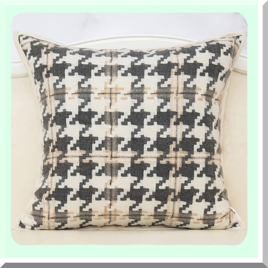 Luxury Houndstooth Velvet Cushion Cover - Modern Square Throw Pillow for Living Room, Bedroom, Car - 18x18 Inch Light Brown Off White Dark Gray