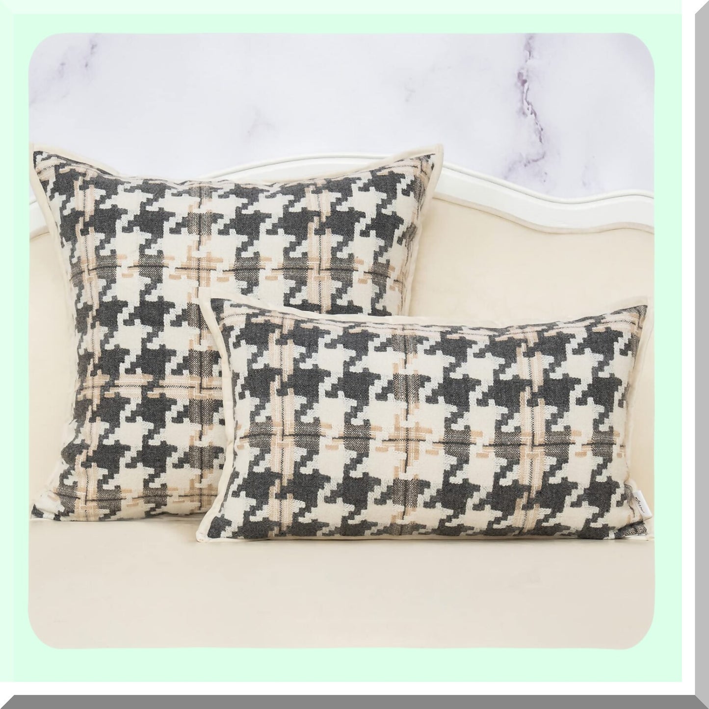 Luxury Houndstooth Velvet Cushion Cover - Modern Square Throw Pillow for Living Room, Bedroom, Car - 18x18 Inch Light Brown Off White Dark Gray