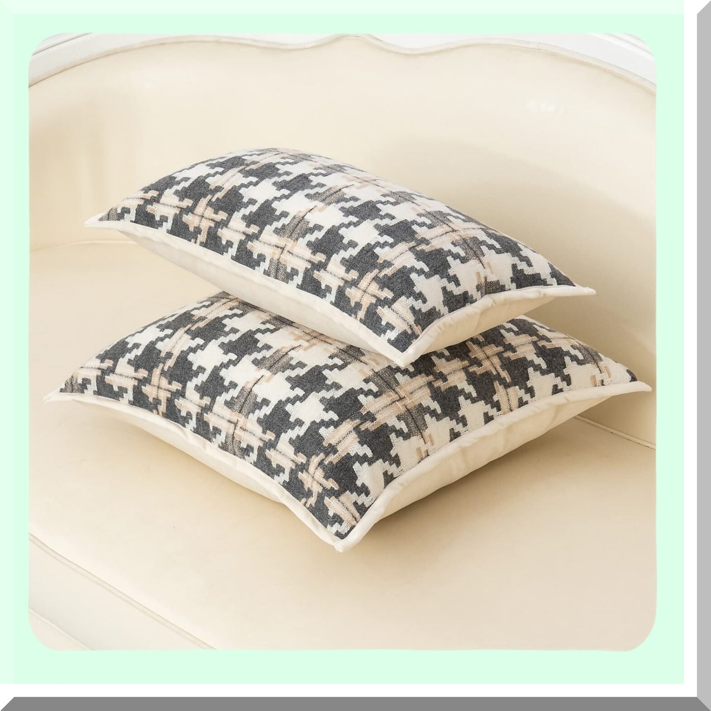 Luxury Houndstooth Velvet Cushion Cover - Modern Square Throw Pillow for Living Room, Bedroom, Car - 18x18 Inch Light Brown Off White Dark Gray