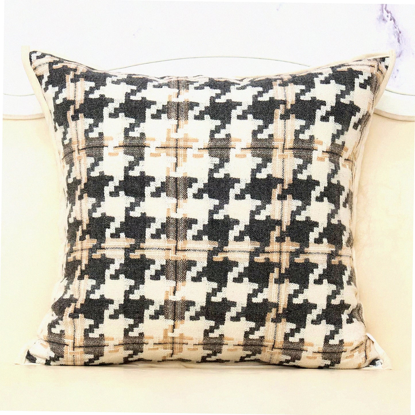 Luxury Houndstooth Velvet Cushion Cover - Modern Square Throw Pillow for Living Room, Bedroom, Car - 18x18 Inch Light Brown Off White Dark Gray