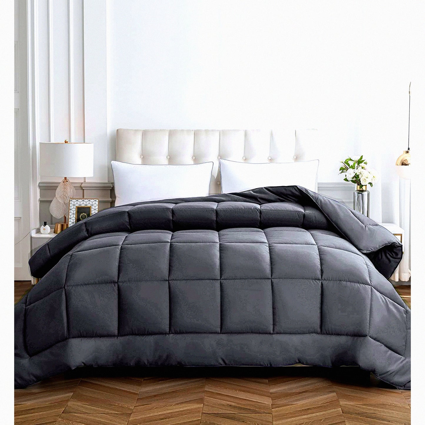 Diamond Stitched Oversize All Season Comforter - Breathable Gray Duvet Insert with Corner Tabs - Reversible 116x98 inches - Down Alternative