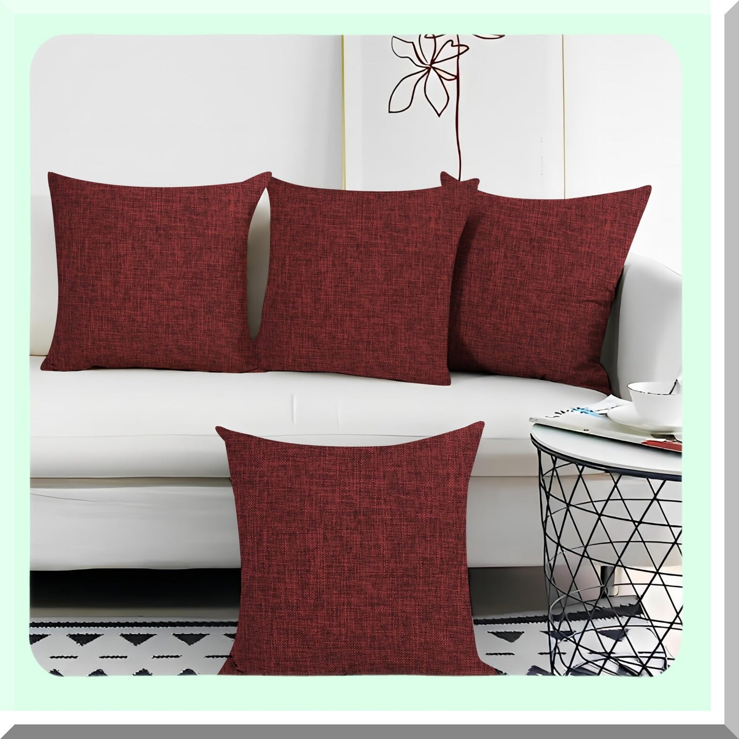Rustic Red Linen Throw Pillow Set - Farmhouse Decorative Cushion Covers 16x16 Inch - Outdoor Square Accent Cases for Sofa Couch Home - Burgundy Textured Pillowcases