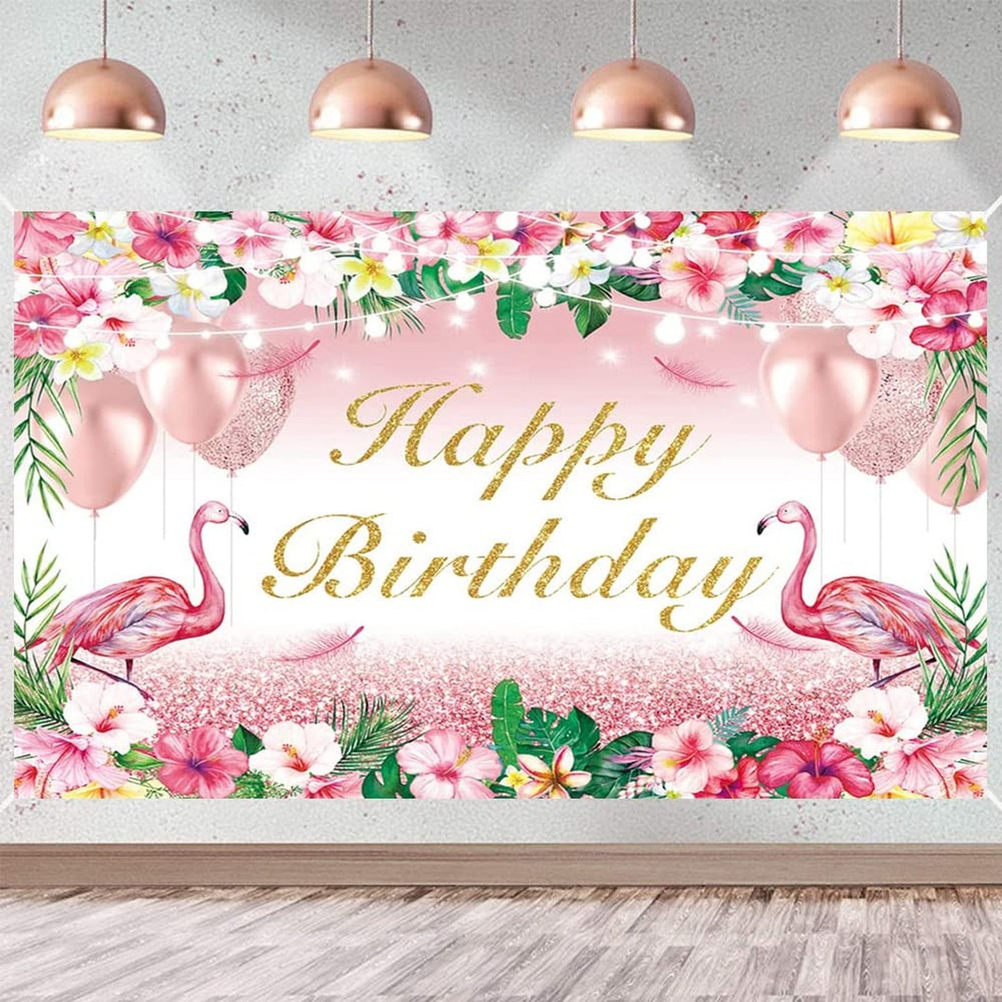 Flamingo Fiesta Birthday Backdrop - Tropical Floral Banner for Hawaiian Themed Party Decorations and Supplies - Pink Flamingo Happy Birthday Background
