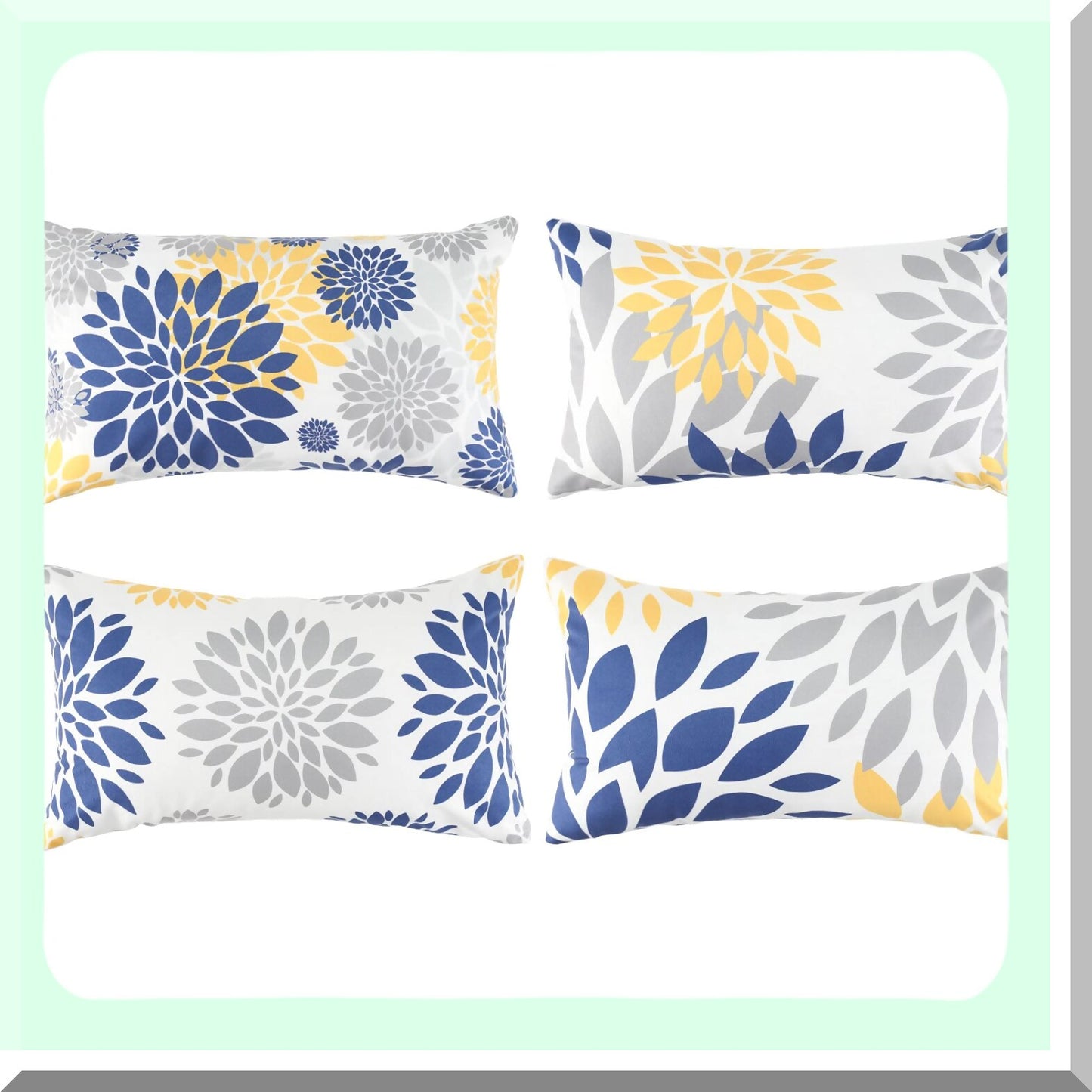 Blue Yellow Velvet Flower Pillowcase Set - 12x20 Decorative Sofa Cushion Cover Grey Bedroom Throw Pillow Cover 4-Pack
