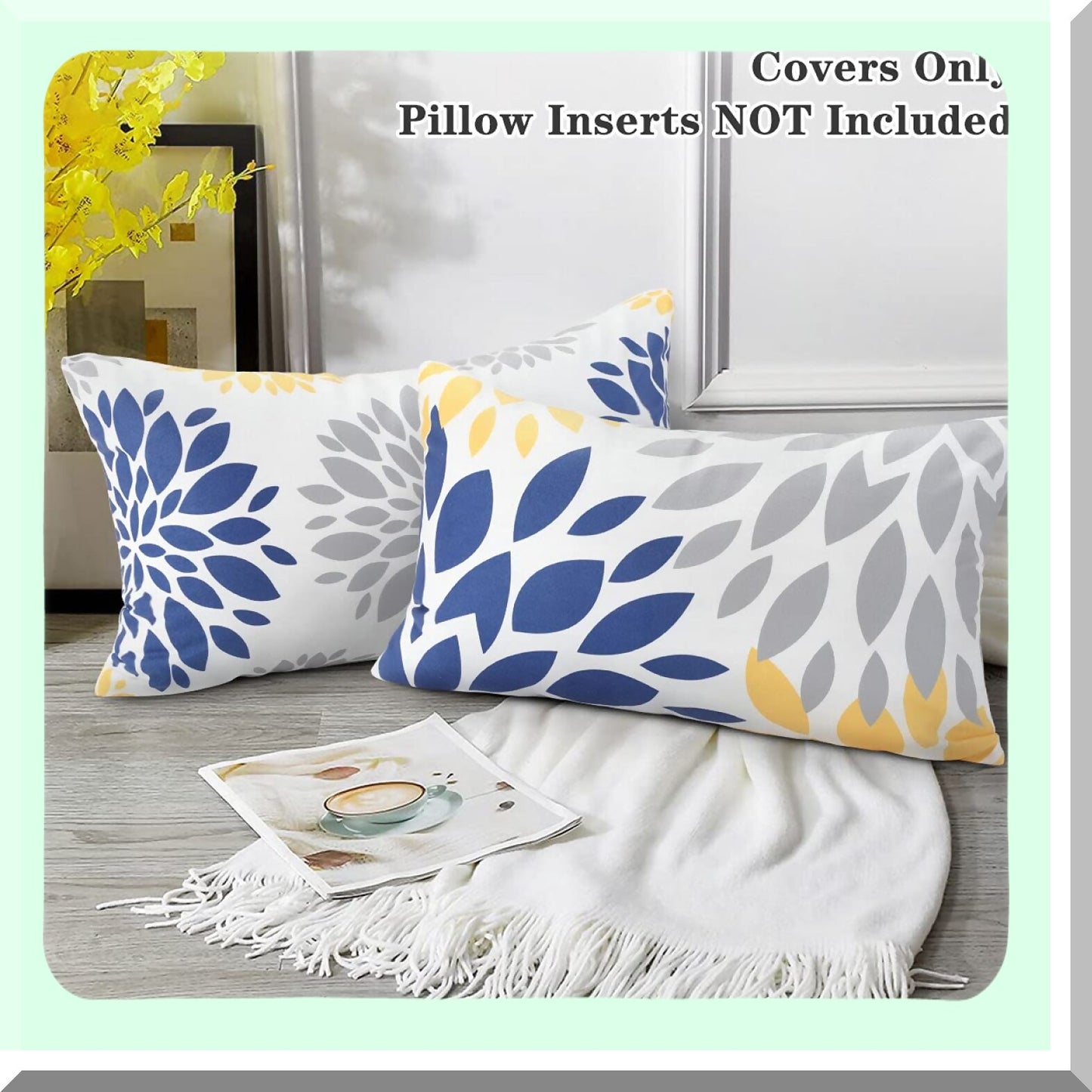 Blue Yellow Velvet Flower Pillowcase Set - 12x20 Decorative Sofa Cushion Cover Grey Bedroom Throw Pillow Cover 4-Pack