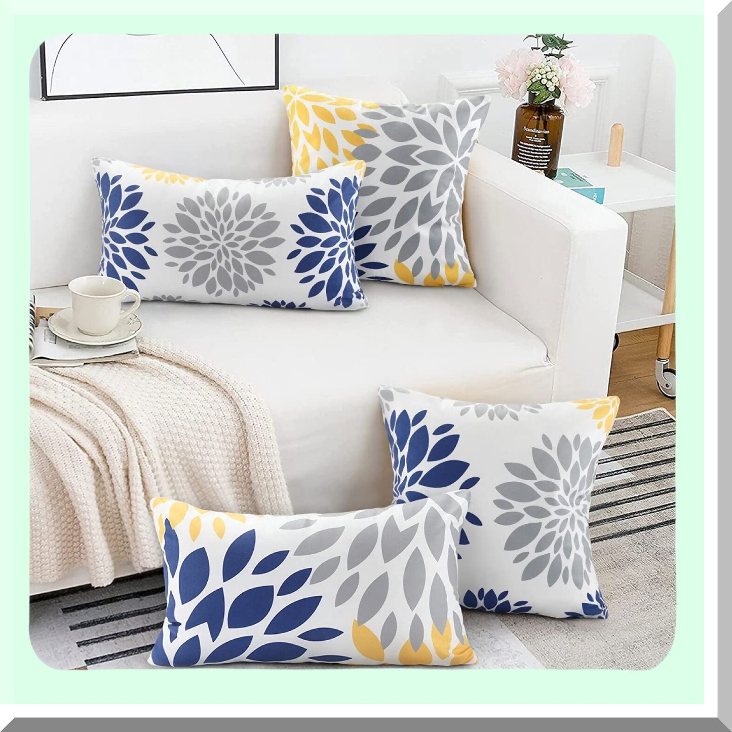Blue Yellow Velvet Flower Pillowcase Set - 12x20 Decorative Sofa Cushion Cover Grey Bedroom Throw Pillow Cover 4-Pack