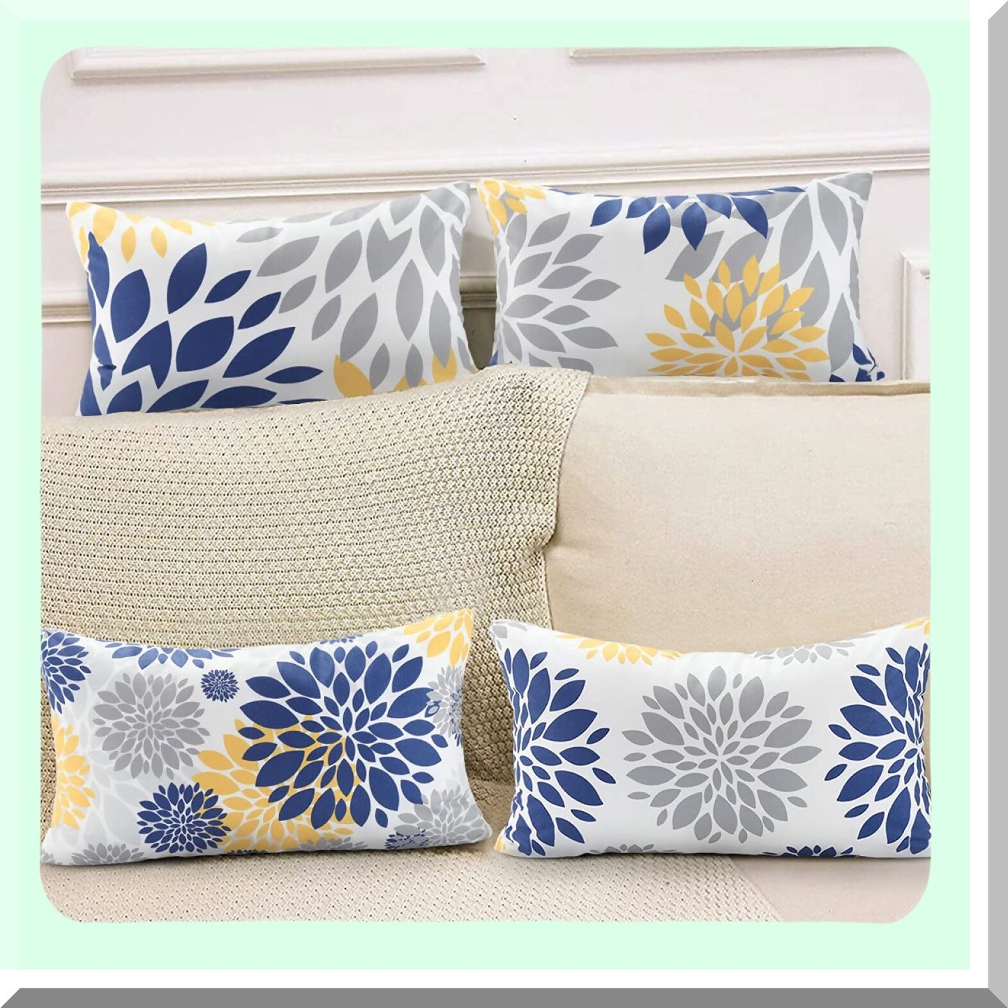 Blue Yellow Velvet Flower Pillowcase Set - 12x20 Decorative Sofa Cushion Cover Grey Bedroom Throw Pillow Cover 4-Pack