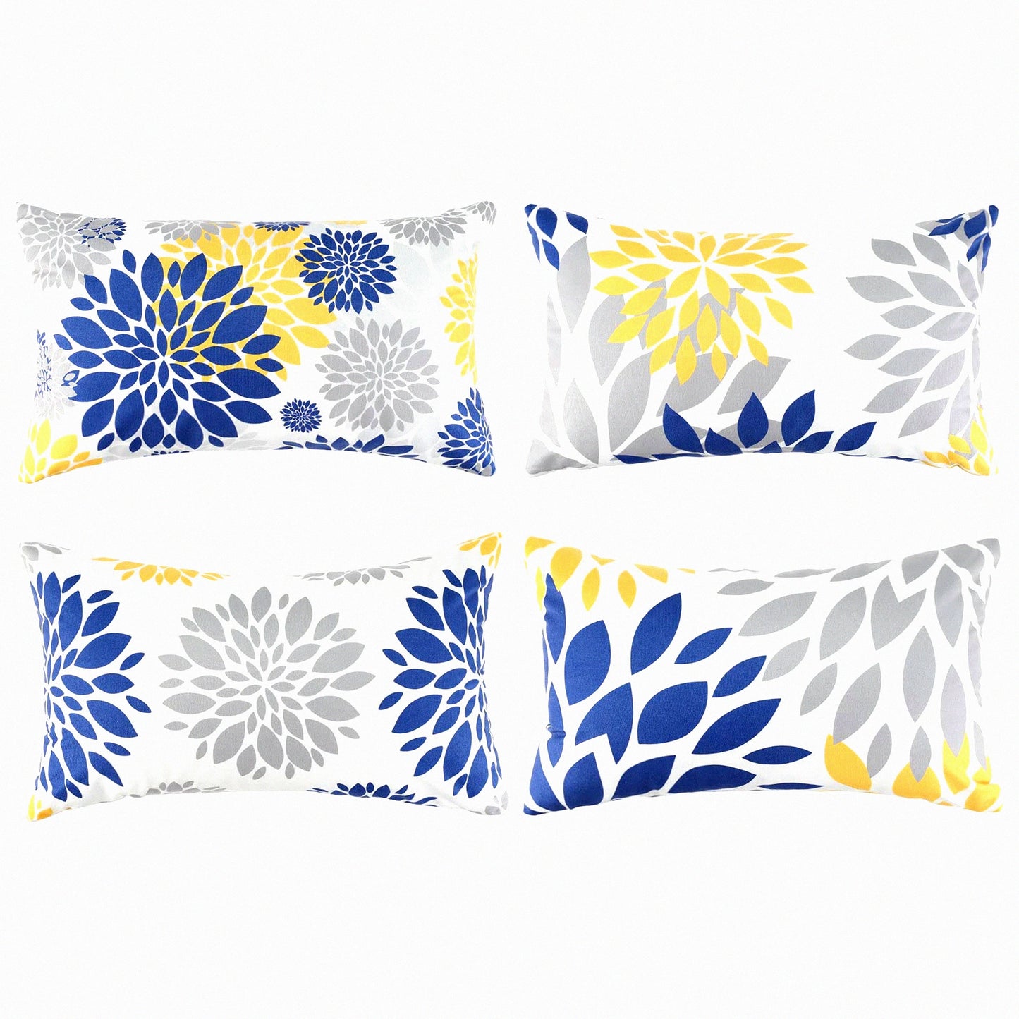 Blue Yellow Velvet Flower Pillowcase Set - 12x20 Decorative Sofa Cushion Cover Grey Bedroom Throw Pillow Cover 4-Pack