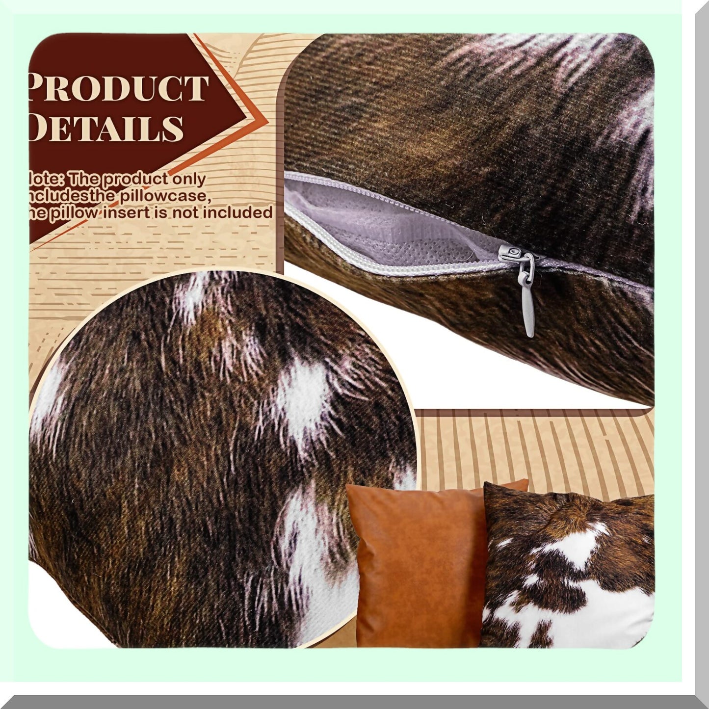 Cowhide Western Accent Pillow Set - 18x18 Leather Throw Covers (Set of 4) - Hidden Zip Modern Farmhouse Decor Square Cushion Cases for Couch & Sofa