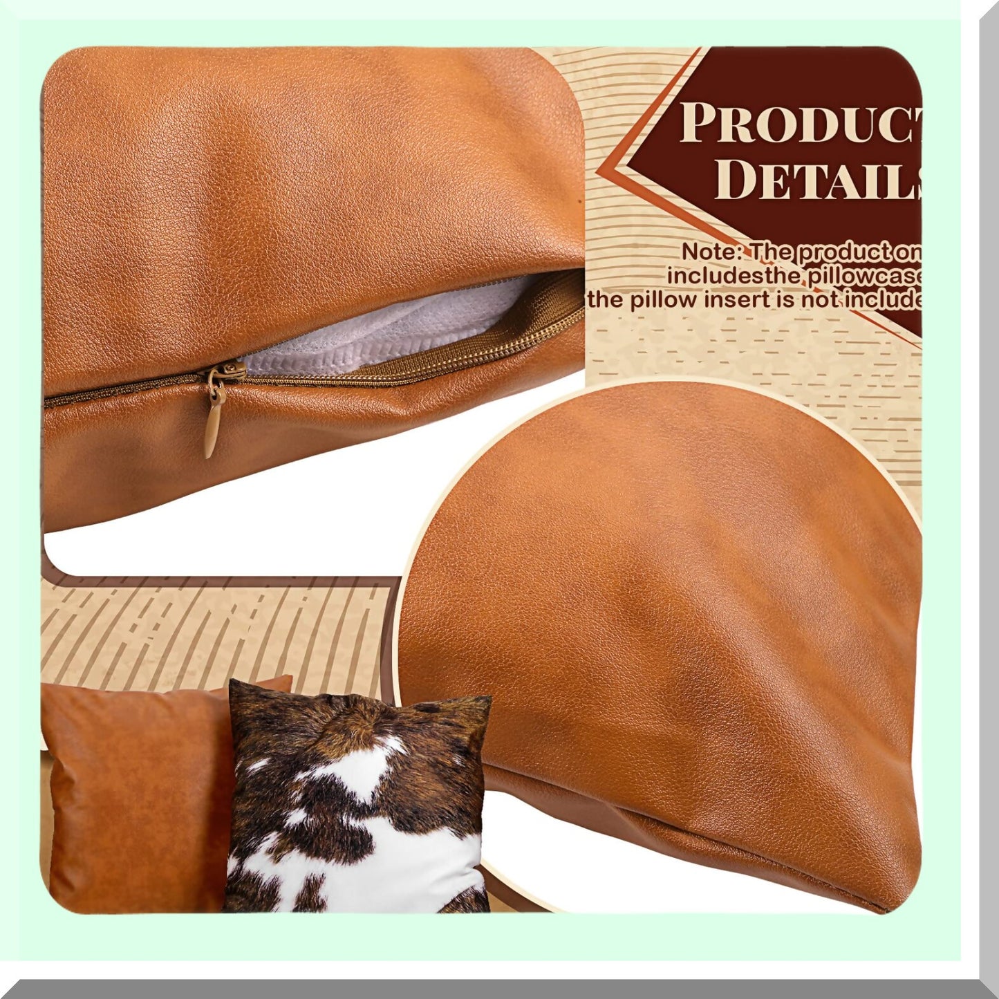 Cowhide Western Accent Pillow Set - 18x18 Leather Throw Covers (Set of 4) - Hidden Zip Modern Farmhouse Decor Square Cushion Cases for Couch & Sofa